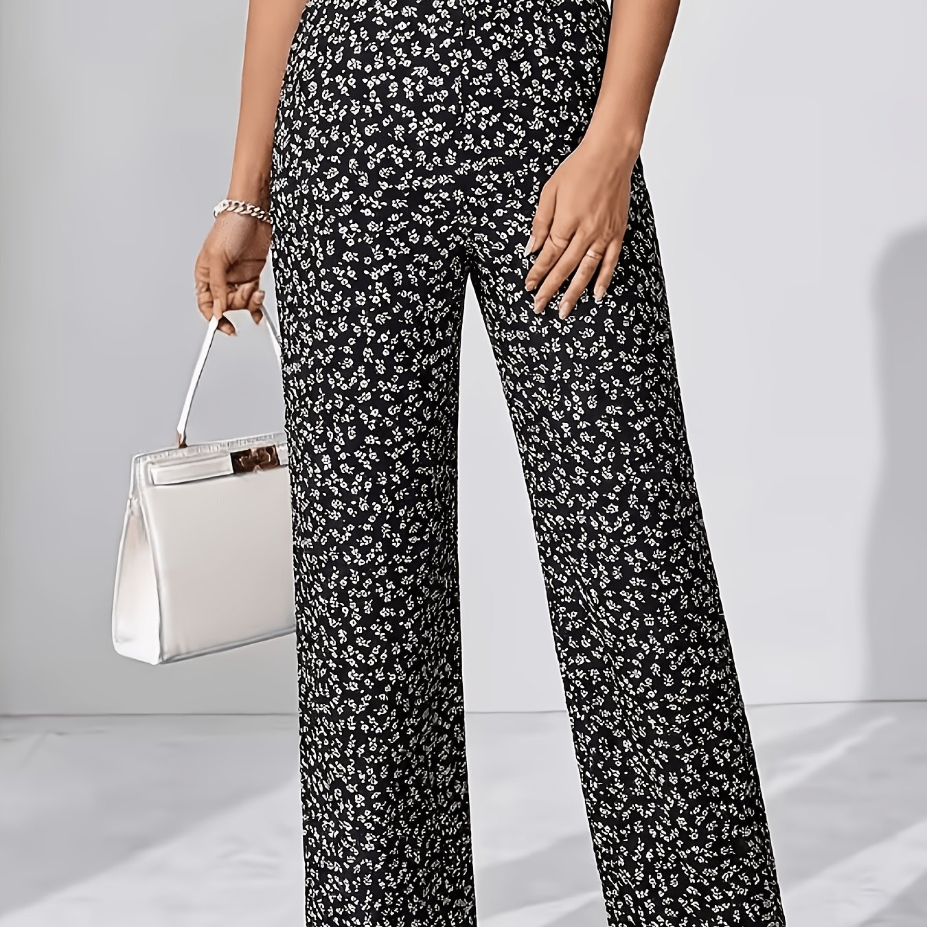 TEMU Women's Elegant Casual Stretch Side-pocket Small Floral Printed Wide-leg Pants, Home, Outing, Vacation, Suitable For