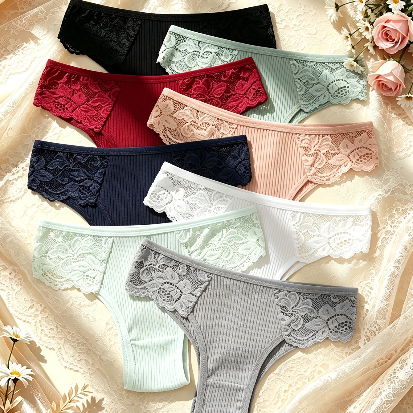8pcs Per Pack Of Women's Lace Brazilian Style Stretchy Breathable Solid Color Panties