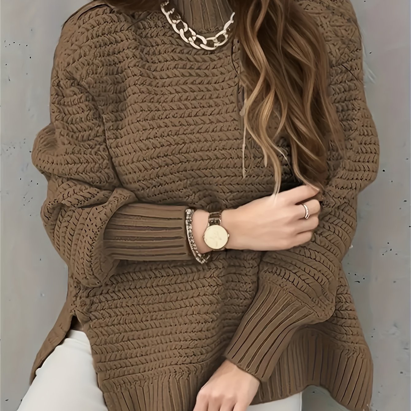 TEMU Solid Color Stand Neck Pullover Sweater, Elegant Side Split Long Sleeve Knitted Sweater For Fall & Winter, Women's Clothing