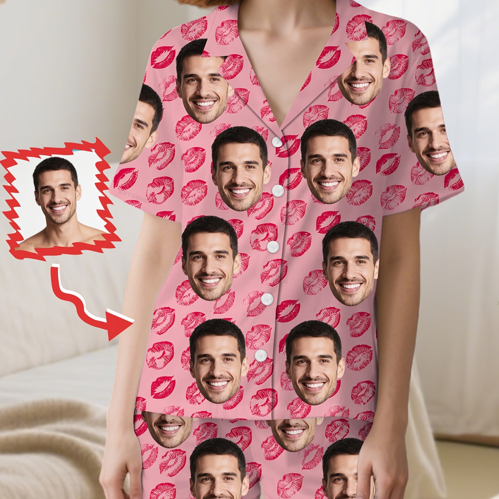 TEMU Ensemble de pyjama court personnalisé pour femmes, chemise à manches courtes à motif cœur et , 3 styles disponibles, ensemble de pyjama amusant