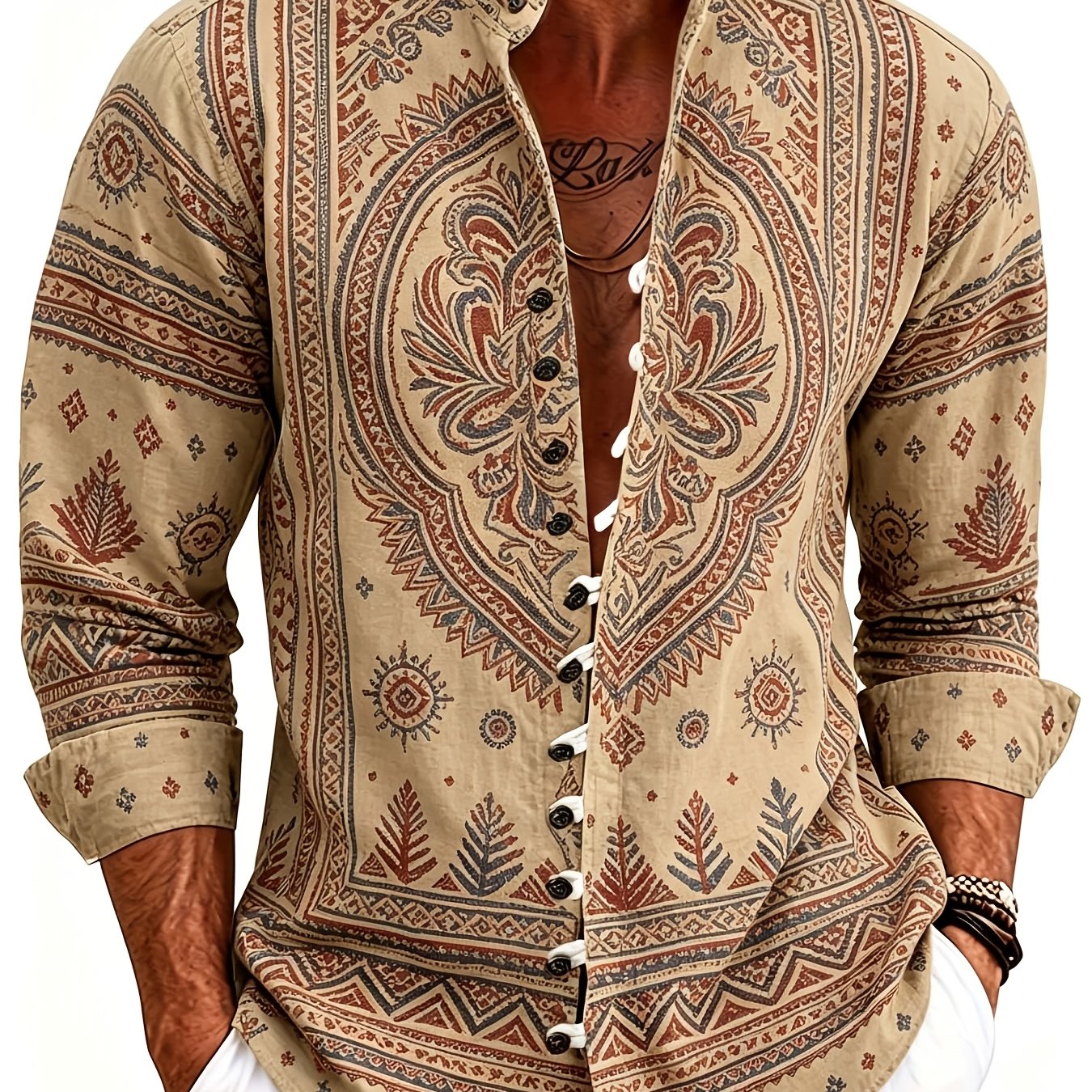 Men's Dress Shirts Ethnic Vintage Print Soft Lightweight Breathable Fabric Casual Bohemian Chic Tops For Daily Wear Festival Events Father's Day Gift Summer Essential