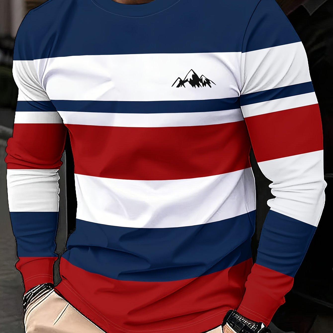 TEMU Men's Breathable Long Sleeve T-shirt - Casual Round Neck Striped & Suitable For Summer, Spring/ Wear, Relaxed Fit Shirts With Winding Tape,
