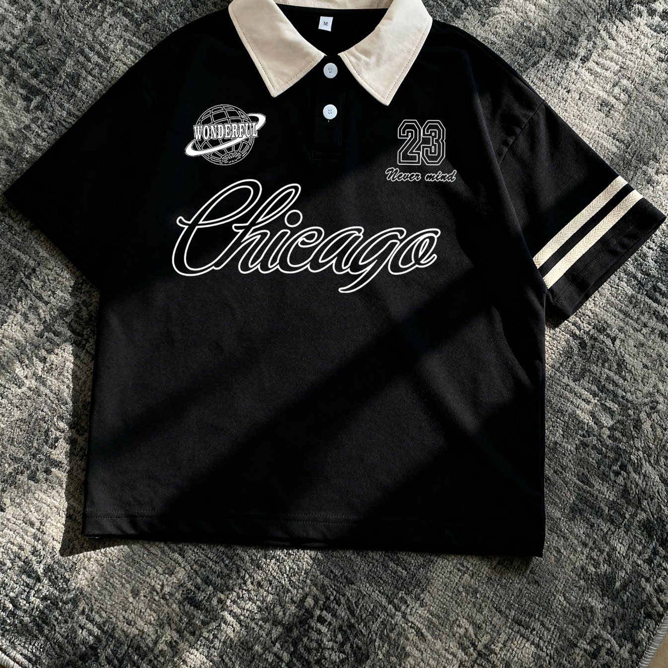 TEMU Color Contrast Collar Shirt Cool Chicago Art Word #23 Digital "" Slogan Wonderful Universe Badge Printing Niche Design Sense Fried Street Casual