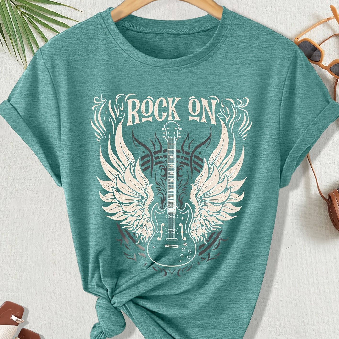 TEMU Spring/summer Women's Short-sleeve T-shirt With Rock Guitar Wings "" Graphic Print, Round Neck, Casual Loose Fit, Plus Size, Fashionable And