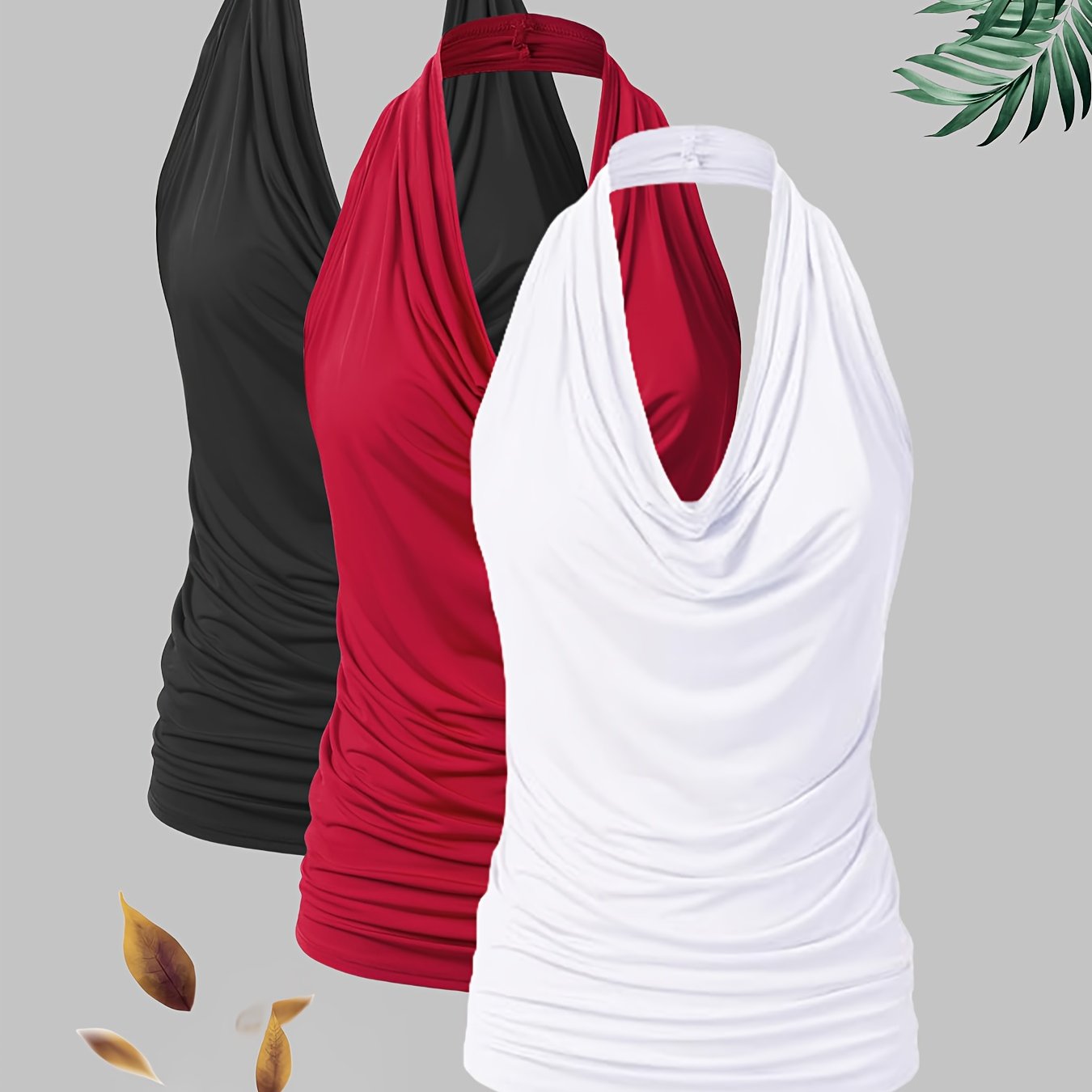 Women's Casual Solid Color Halter Tank Top 3pcs Set