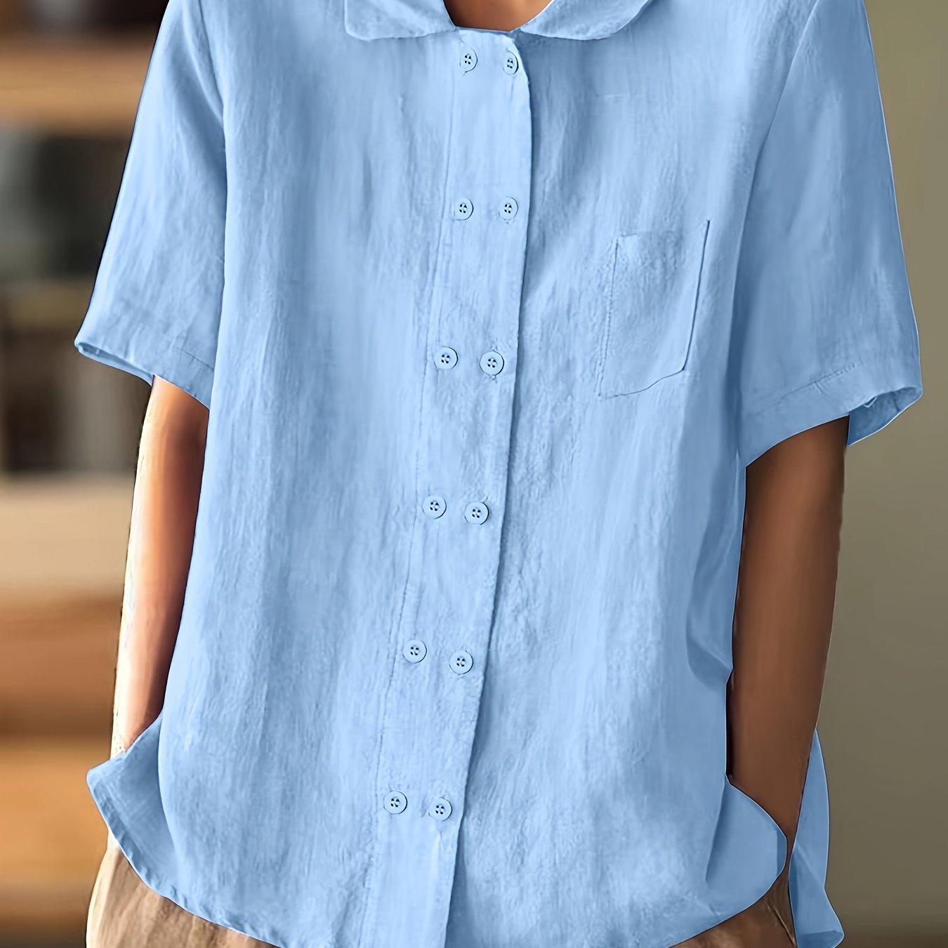Loose Solid Color Double-breasted Lapel Short Sleeve Shirt