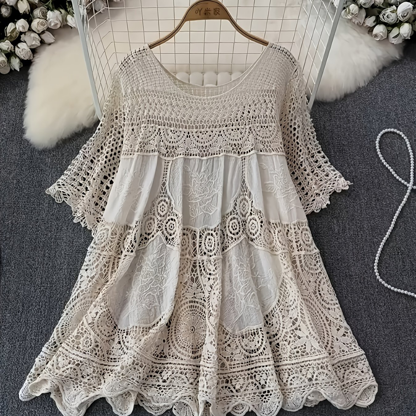 E-shop Plus Size, Damen Plus Size Bohemian Maxikleid – Lockerer Schnitt Kurzarm Strandkleid mit Weitem Saum & Rundhalsausschnitt, Halbtransparentes