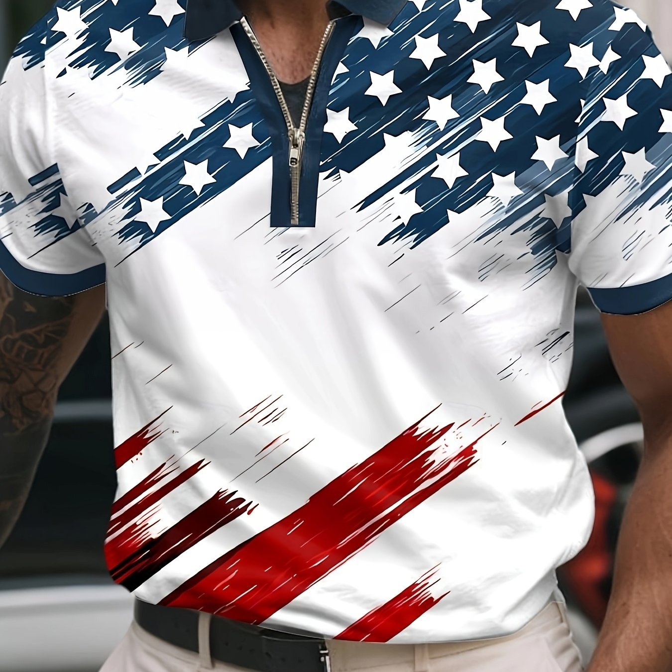 Men's Patriotic American Flag Shirt - Relaxed Fit Short Sleeve, Vibrant Geometric Print, Breathable Polyester, Machine Washable For Summer Golf, Casual & Sportswear, Front | Polyester Fabric