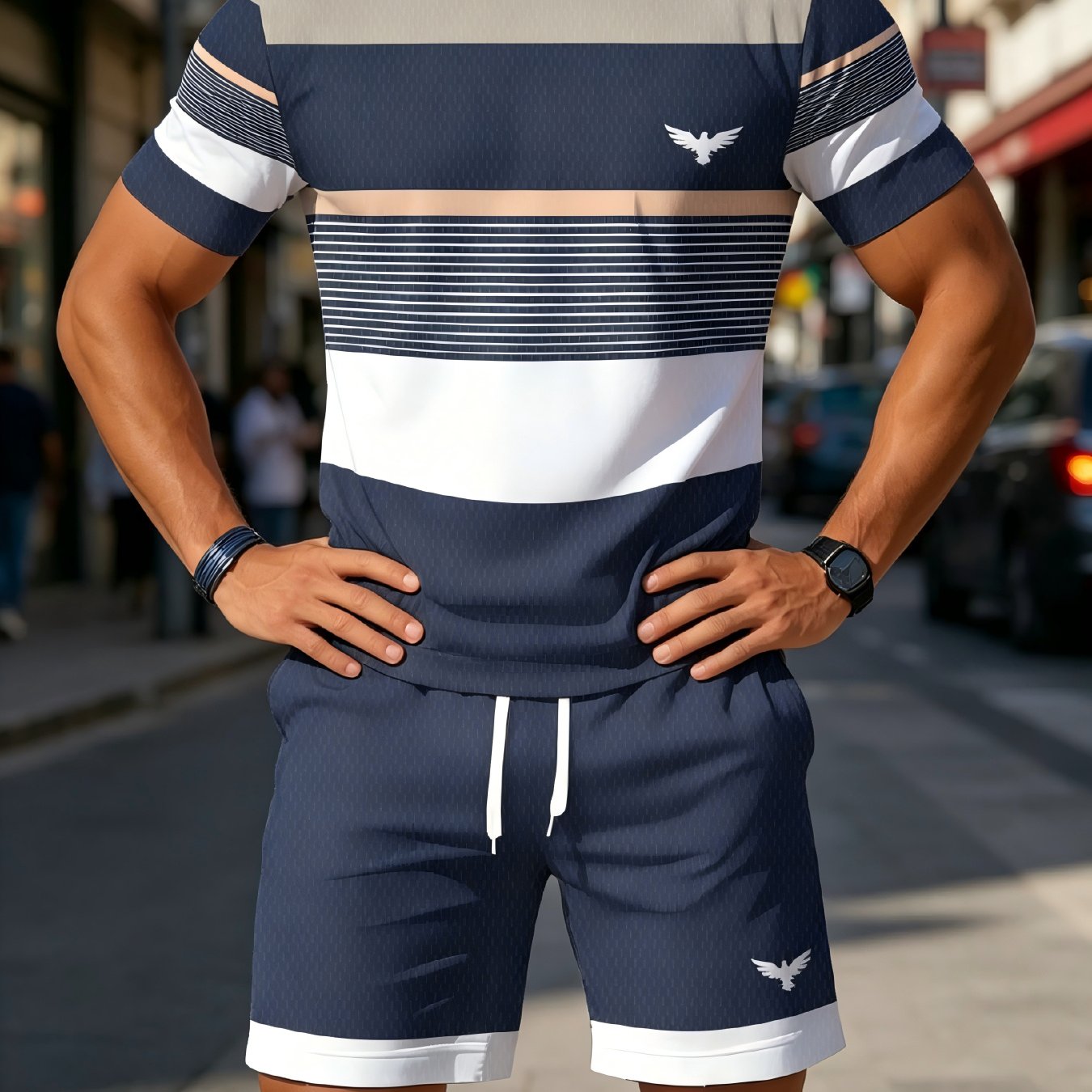 TEMU New Plus-size Men's Casual 2pcs Set, Striped Print T-shirt And Shorts, For Leisure And Sports, Daily Commuting, Cool And Comfortable, A Perfect