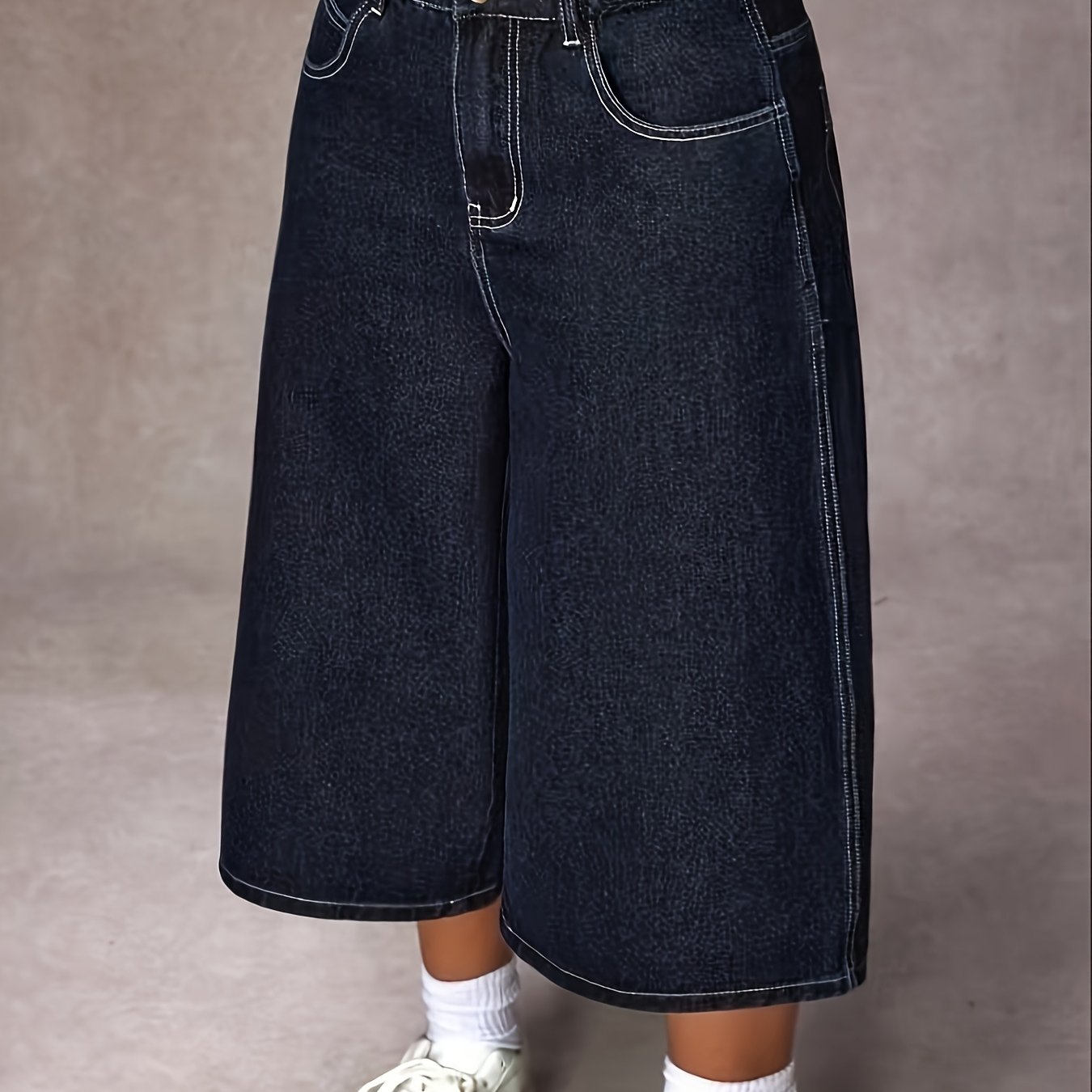 Image of Plus Size Women's Denim Capri Pants, Spring/summer Ladies Washed Casual Light Stretch Jeans And Clothing, Solid Button Versatile Elegant Wide Leg Denim Capri Pants