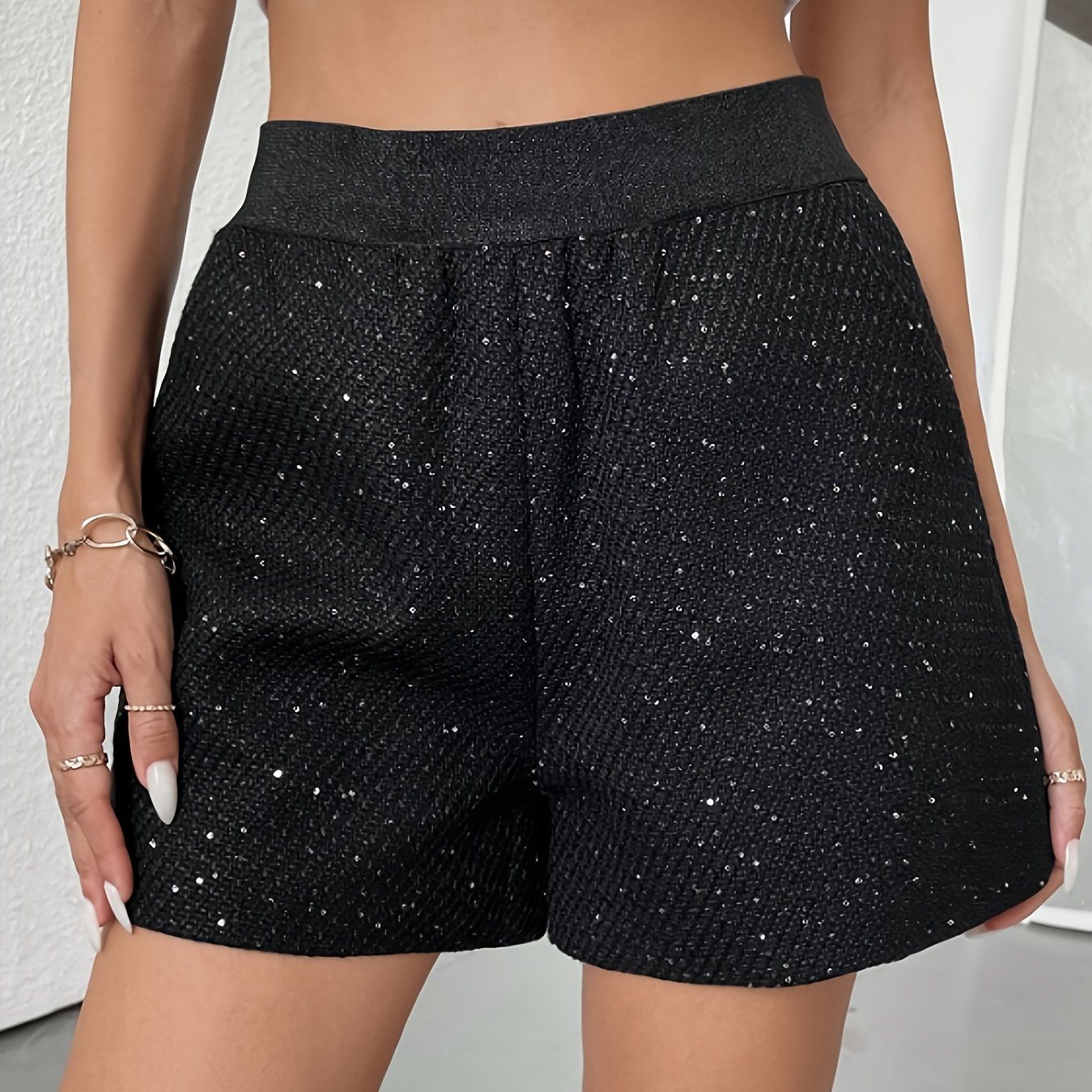 Image of Women's Chic Black High-waisted Shorts With Pockets - Stretchy, Comfortable & Stylish For Spring/summer Casual Wear, Casual Wear Shorts | Trendy Shorts |