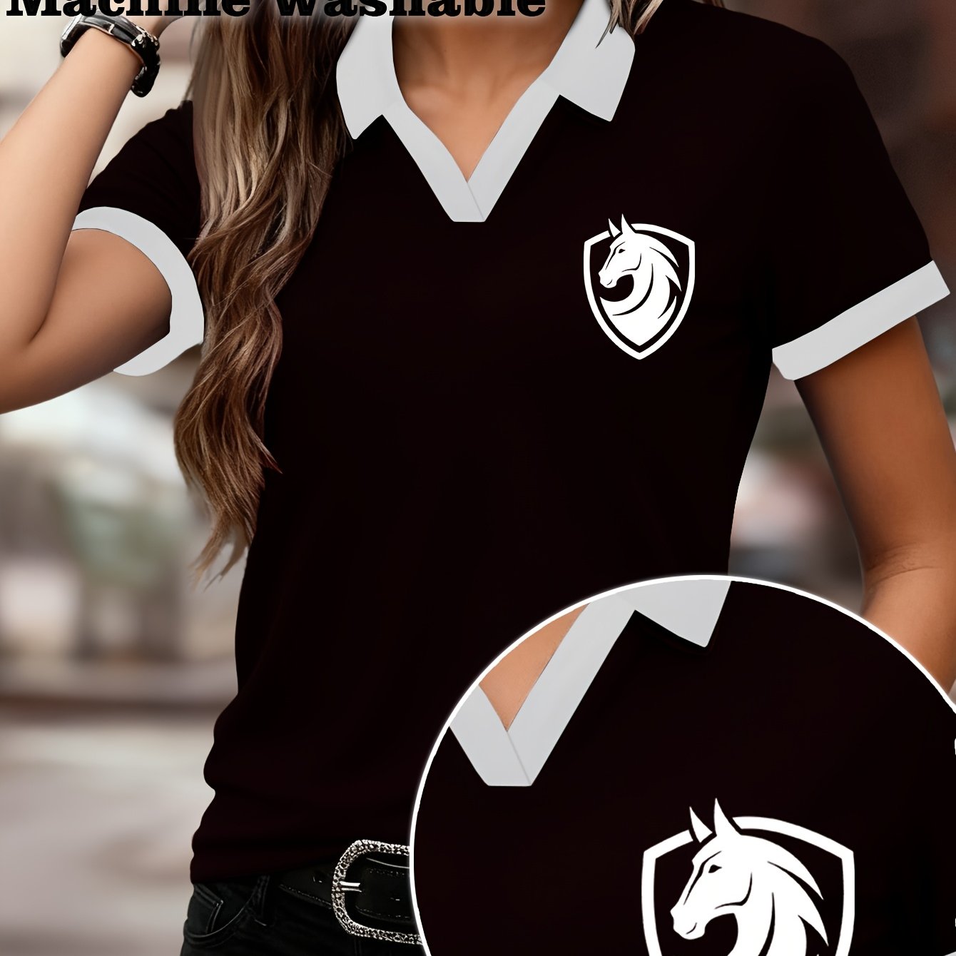 TEMU Women' & -themed Shirt - Short Sleeve Casual Top With Collar, Horse Letter Print (), Medium-stretch Fabric Suitable For Outdoor, Riding & Casual