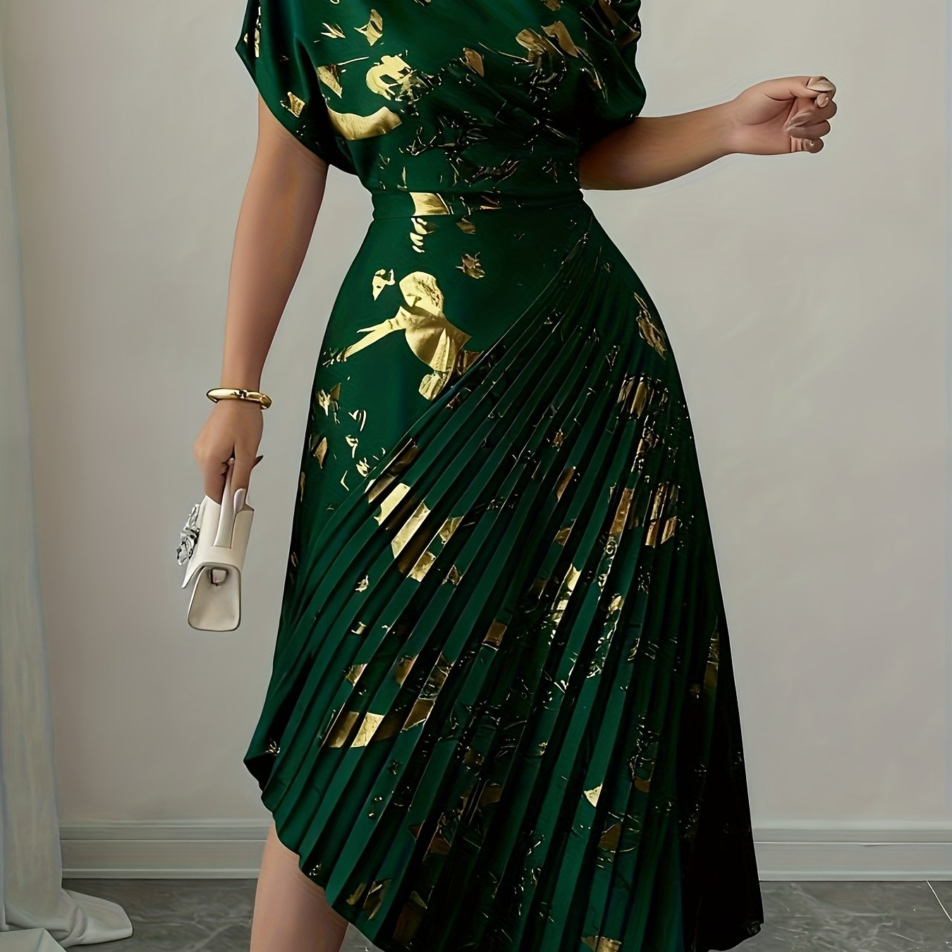 E-shop Elegantes, exquisites, asymmetrisches Damenkleid mit goldenen Falten und , Frühling/Sommer YY0511122