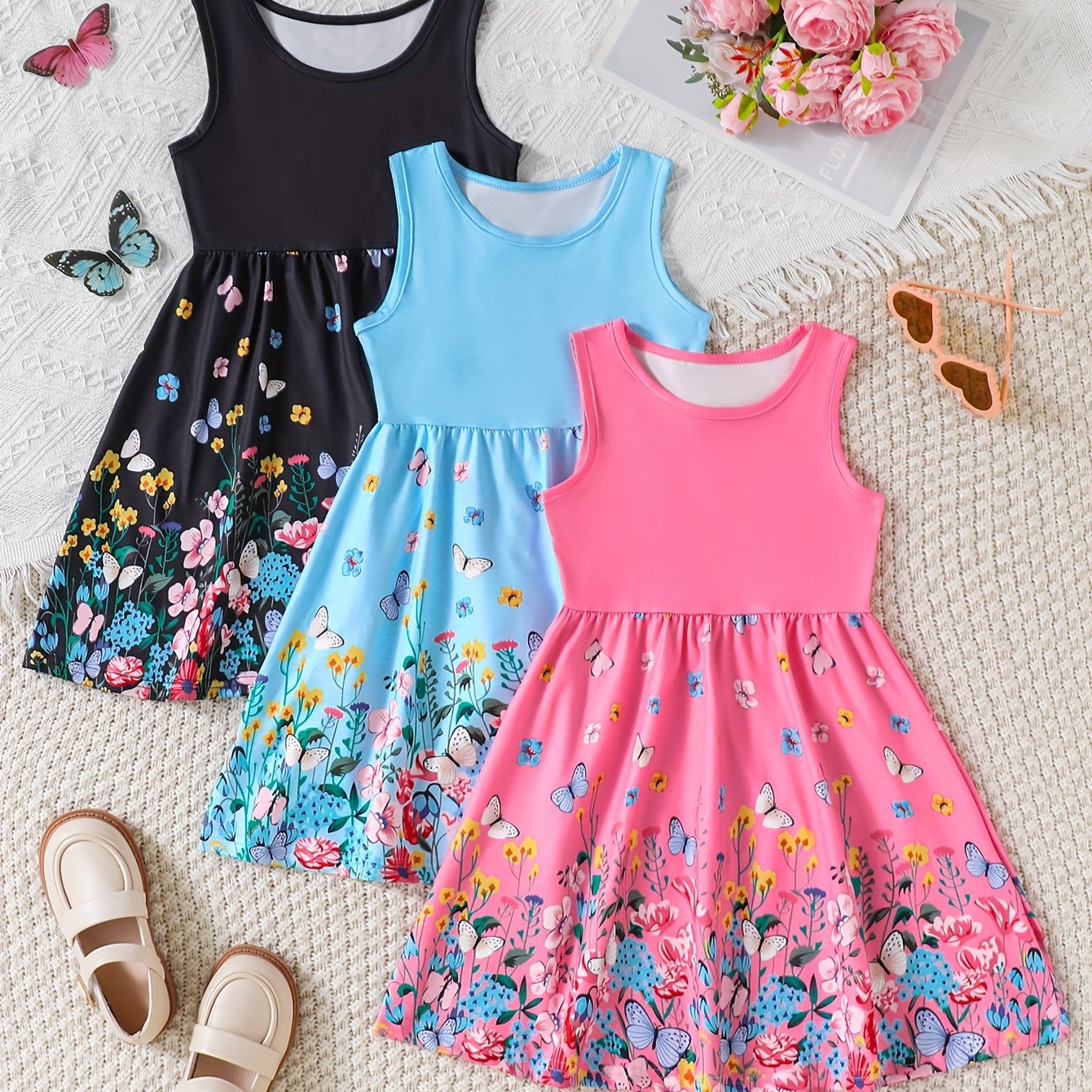 Image of Young Girl Summer Floral Print Round Neck Sleeveless Casual Dress 3-pcs/set