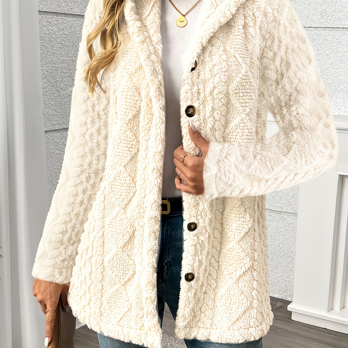 TEMU Women's New Elegant Rhombus Pattern Side Decor Button Teddy Bear Coat Hooded Jacket Warm Outerwear