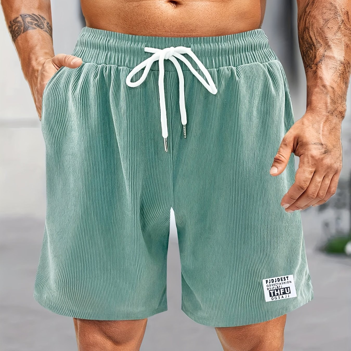 TEMU Men's Casual Corduroy Drawstring Shorts With Pockets For Summer Outdoor Activity