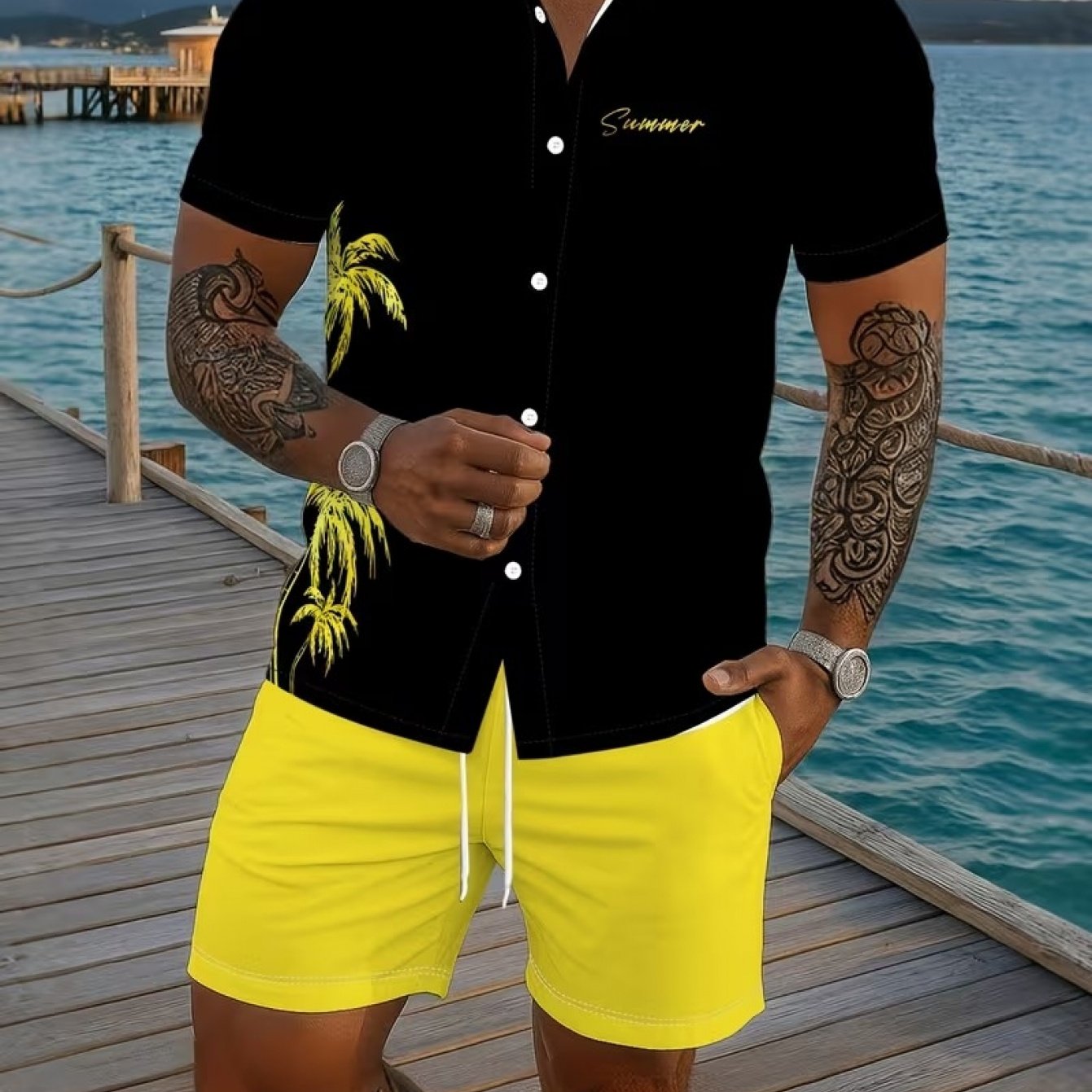 TEMU Conjunto de camiseta de manga corta estampada y pantalones cortos con cordón estilo vacaciones