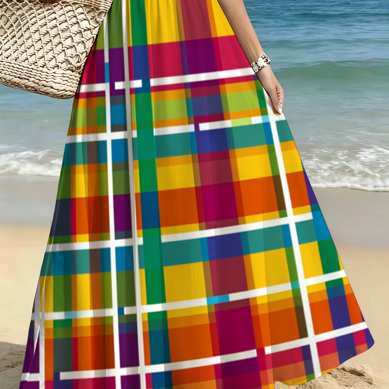 TEMU Lianyaoshi [Design Imprimé Non Texturé] Jupe Maxi Vichy Colorée pour Femmes, Vêtement de Plage Léger pour les Vacances, Parfait pour les au Bord