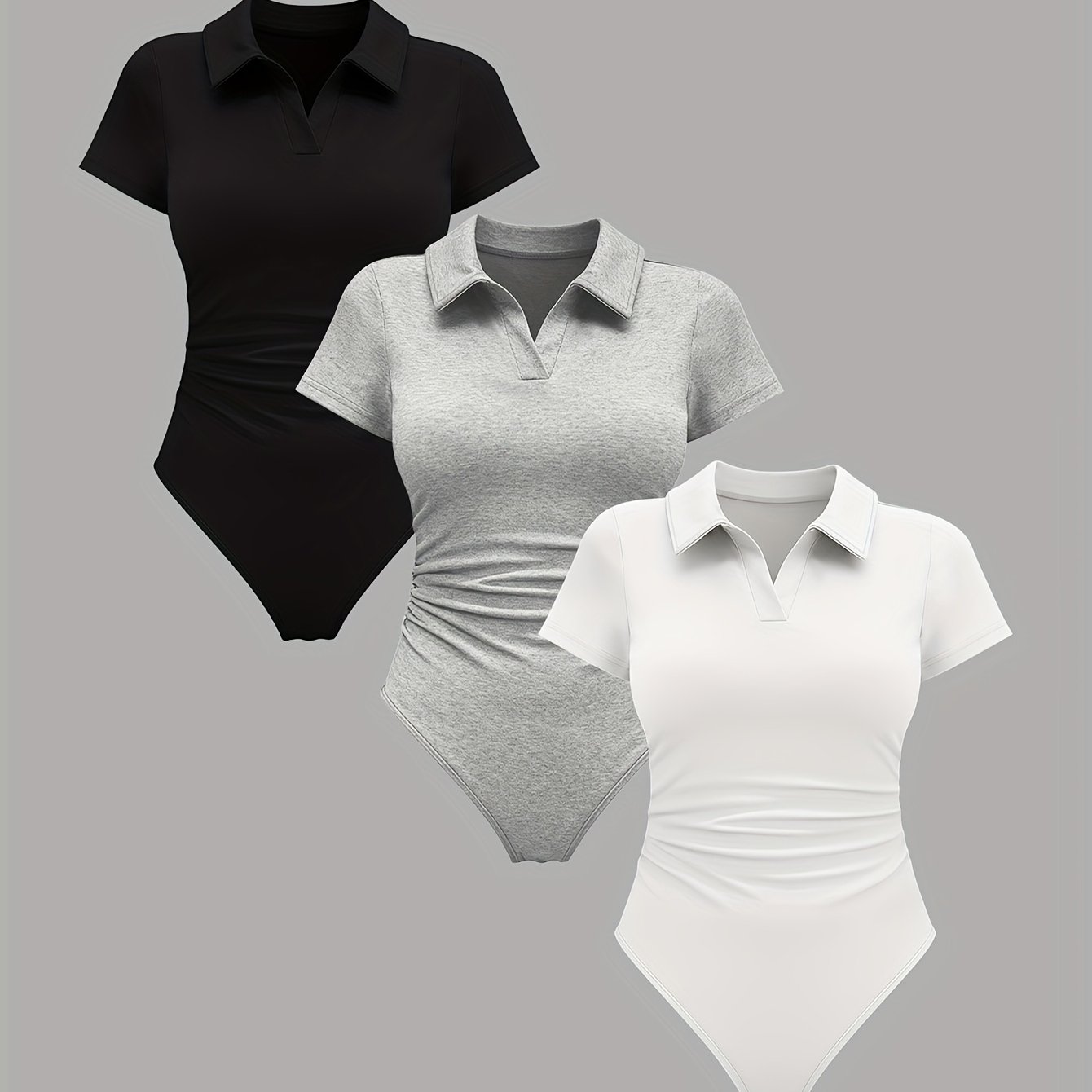 E-shop Damen 3-teiliges Frühling/Sommer modisches bequemes einfarbiges Designer-Body-Set mit Revers geraffter, taillierter Taille. Damen-Body mit