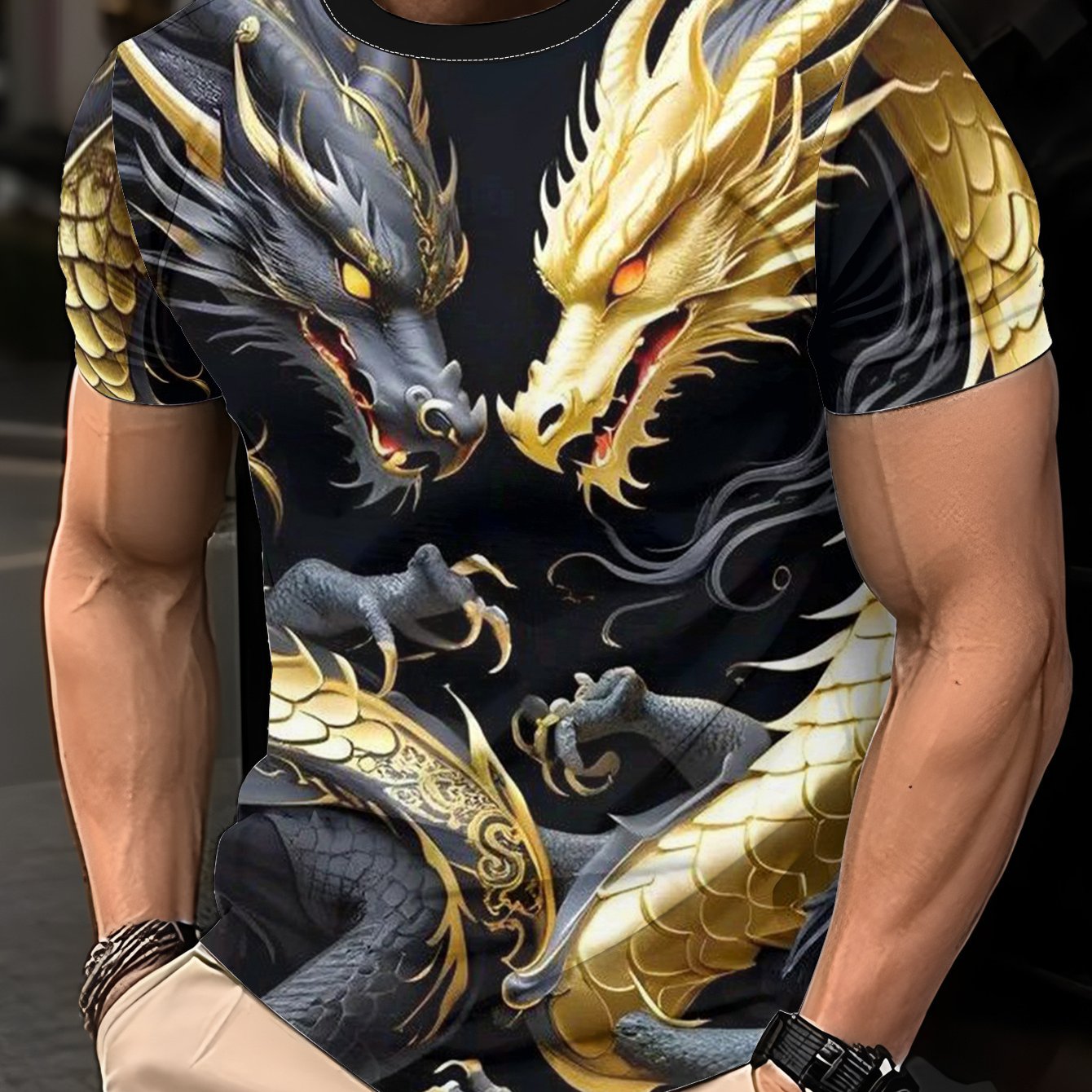TEMU 2026 Men's Short-sleeve T-shirt With Dragon Pattern Print | Black And Golden Casual Round-neck Top, Suitable For , Machine Washable, Perfect For