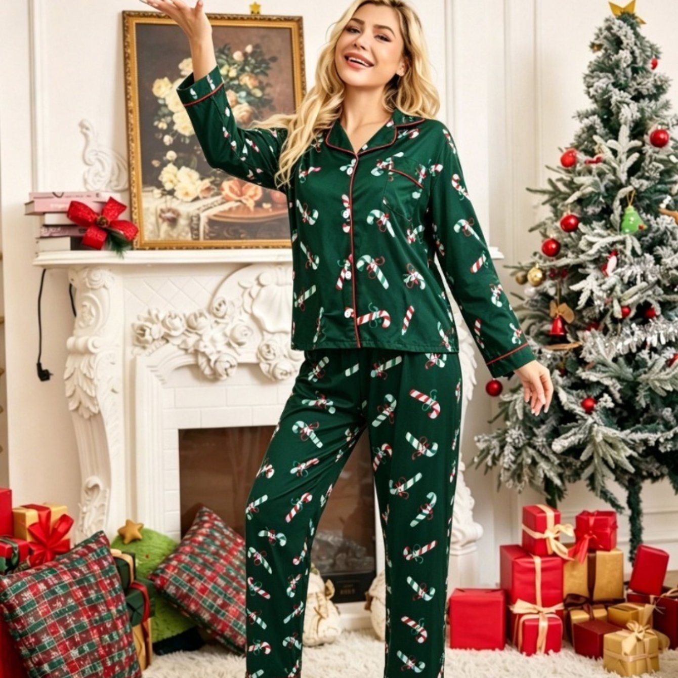 Image of Women's Christmas Candy Cane Print Pajama Set, Lapel Button- Long Sleeve Top And Elastic Waist Long Pants, Soft Cozy Fabric, Holiday Sleepwear, Valentine's Day Gift For Women