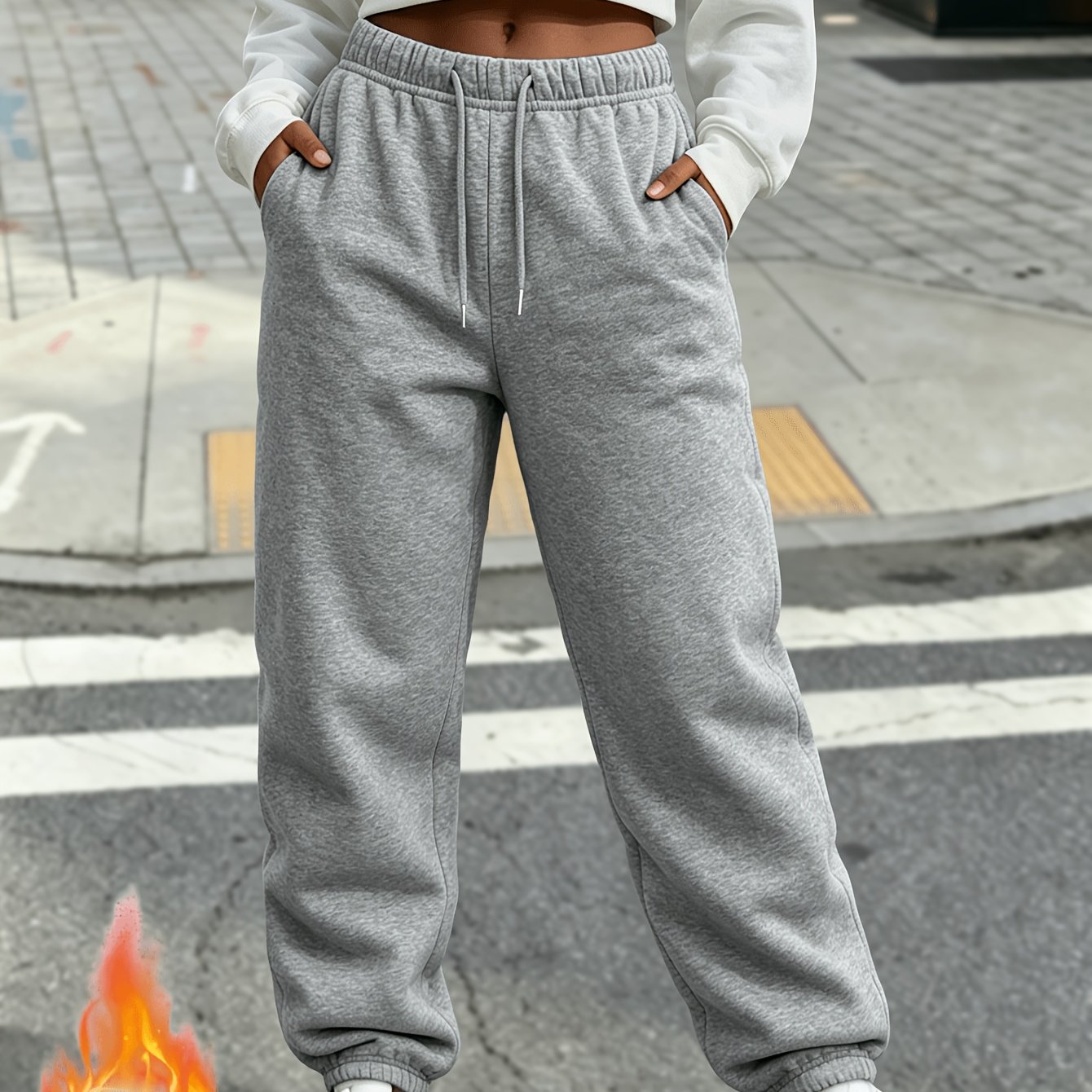 TEMU Autumn Winter Casual Solid Color Women's Long Pants, Available, With Drawstring And Pockets, Thickened And Fleece-lined, Warm And Cold-resistant