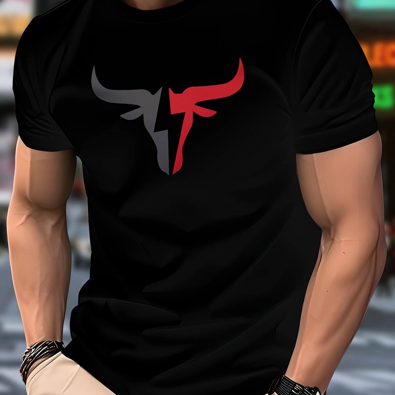 TEMU - Men's Novelty Pattern T-shirt - Black, Red And , Casual Crew Neck T-shirt, Machine Washable, Lightweight And Breathable, Suitable For Casual