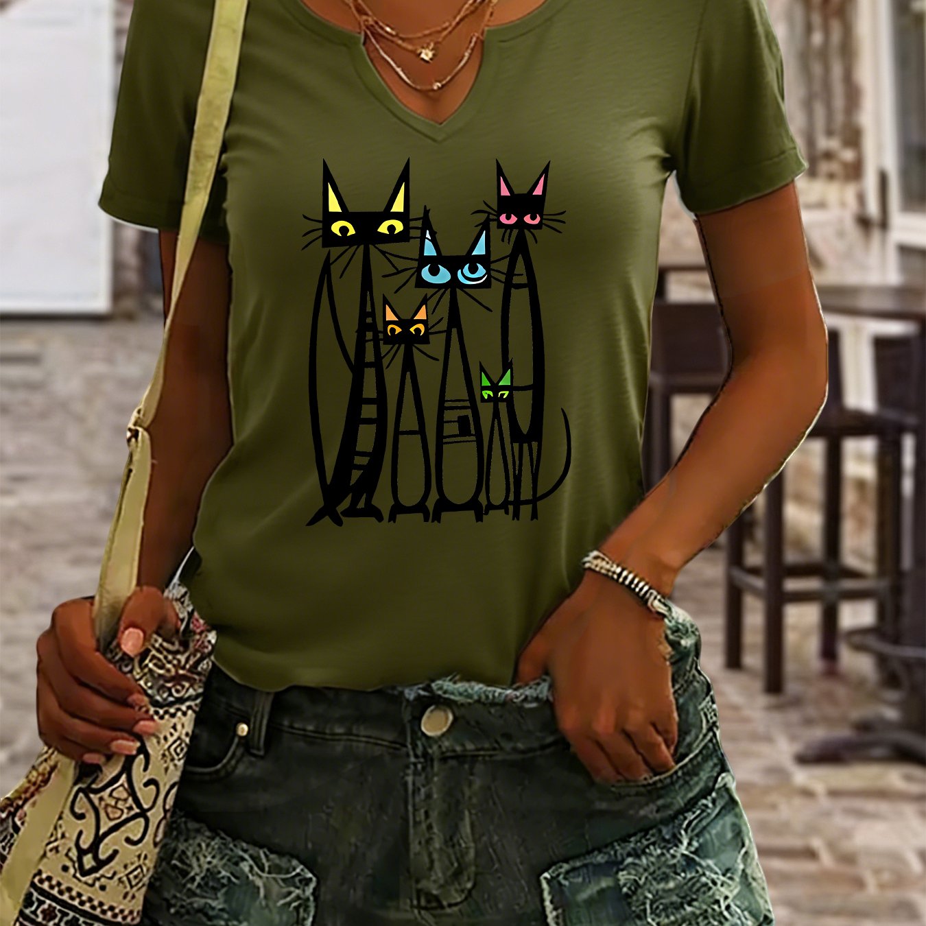 TEMU Women's Summer V-neck T-shirt, Abstract Cat Graphic Print Top, Soft Breathable Casual Tee, Relaxed Fit Stylish Daily Wear Shirt For Women, Ideal