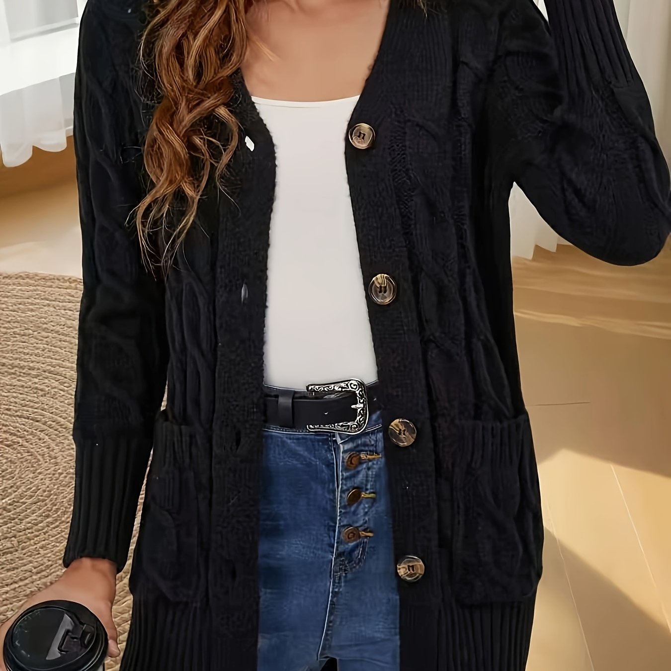 A Black Cardigan With Cable- Buttons, Warm And Casual, Mid-length Sweater For Women, Suitable For Autumn And Winter, Featuring A Long-sleeve V-neck Design With An Open Front And 2 Pockets