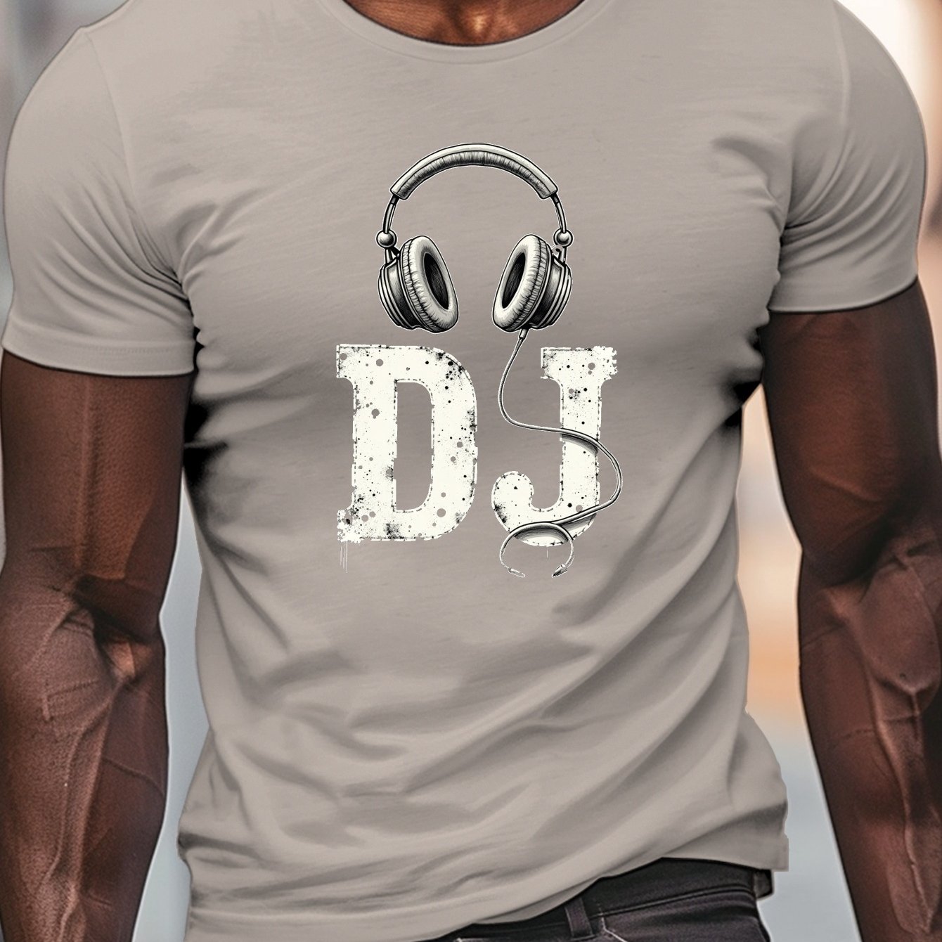TEMU Dj Headphones And Audio Cable Print, Men's Round Crew Neck Short Sleeve Tee, Casual T-shirtcasual Comfy Lightweight Top For Summer