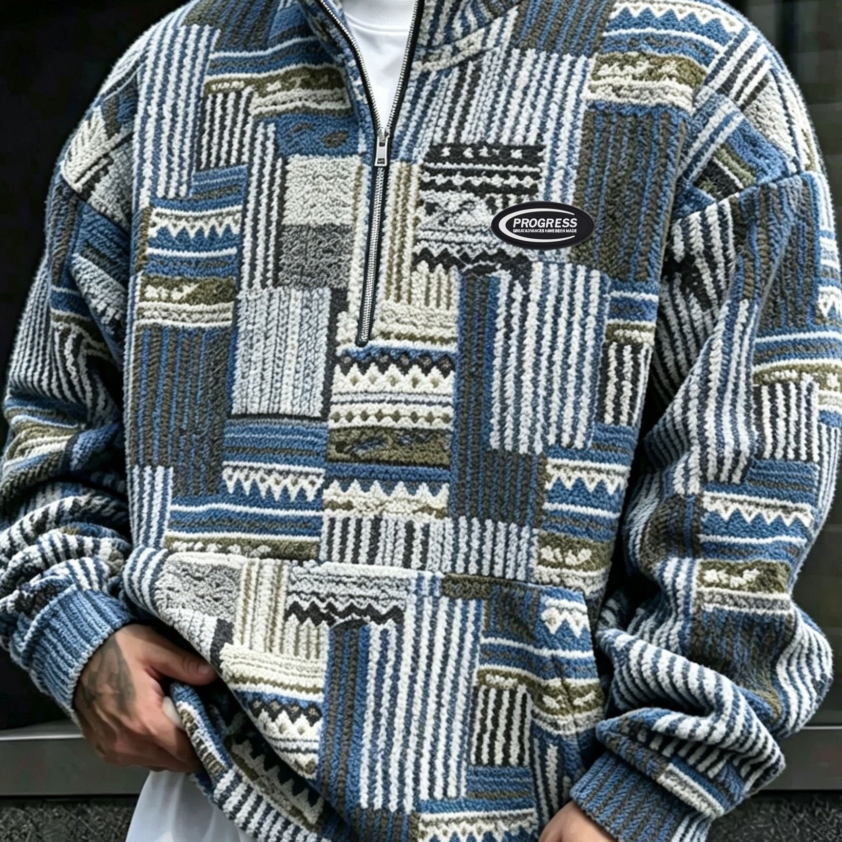 TEMU Men's Vintage Style Casual Long-sleeve Sweatshirt, Men's Geometric Pattern Long-sleeve Casual Jacket, Suitable For Autumn, Winter, And Spring,