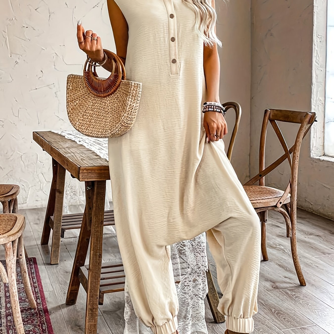 Women's Casual Hooded Sleeveless Jumpsuit, 100% Polyester Solid Color Button-up Loose Fit Romper For