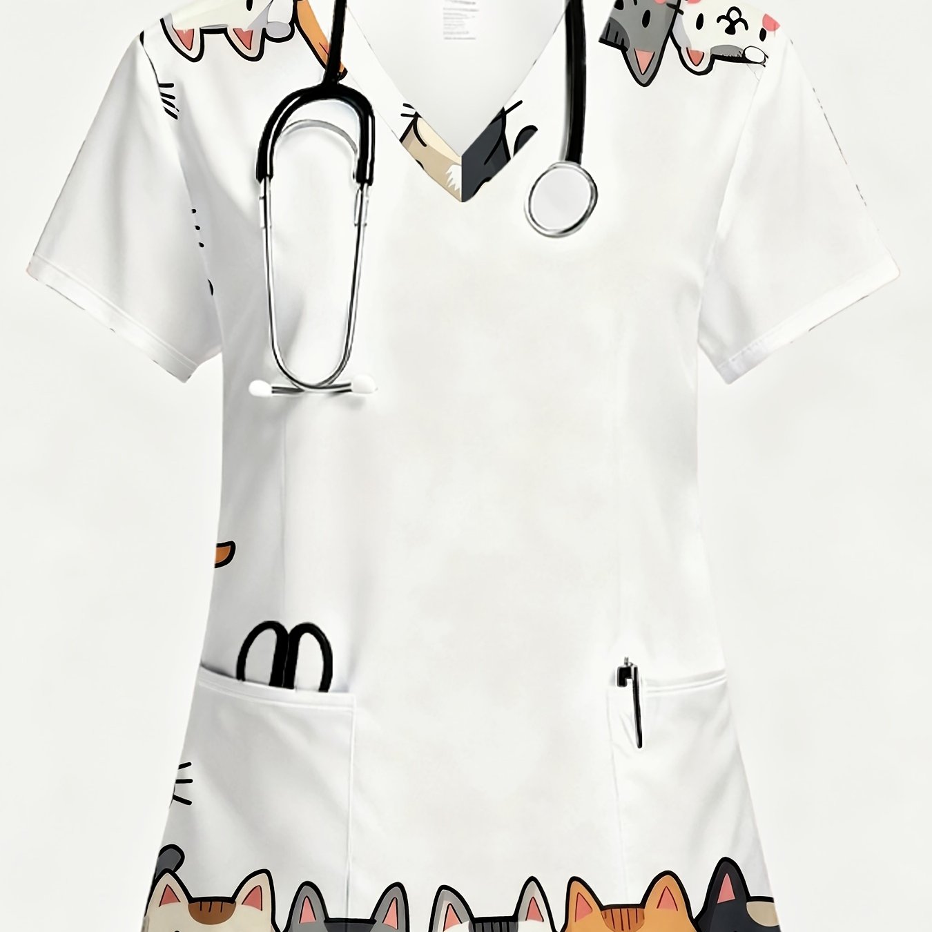 TEMU Elegant Women's Short-sleeve Uniform, Fashionable V-neck Top, Ladies' Scrub Top, Featuring A Cute Cartoon With Colorful Border Patterns.