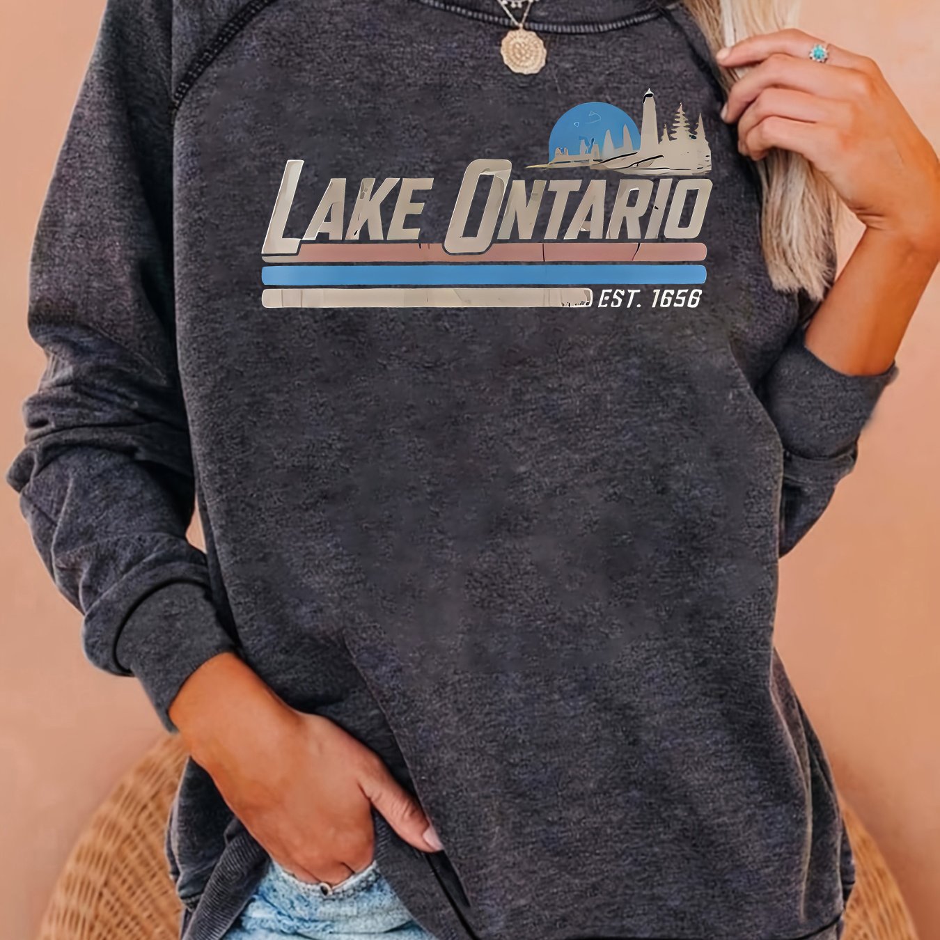 TEMU Women Fall Winter Raglan Long Sleeve Sweatshirt, Lake 1656 Retro Lighthouse Mountain Landscape Letter Graphic Print Crew Neck Pullover Top,