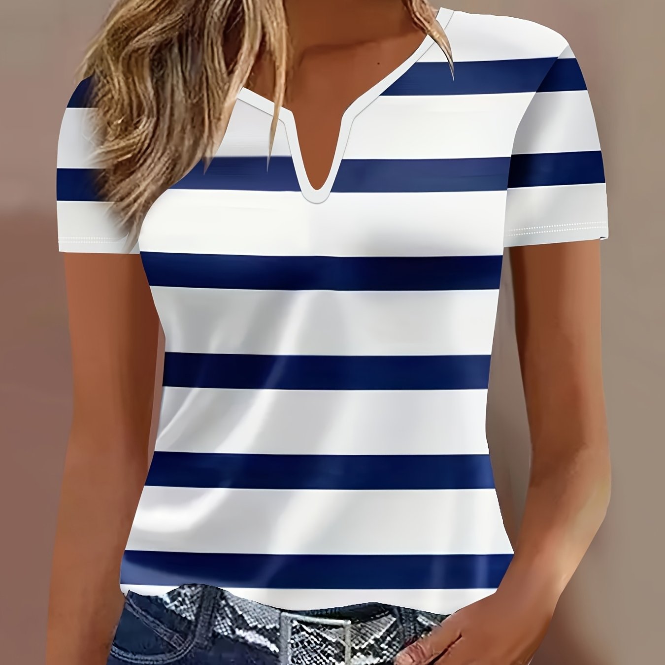 E-shop V-Ausschnitt Kurzarm-T-Shirt - Elegantes Gestreiftes Oberteil mit V-förmigem Ausschnitt, Mittlere Dehnbarkeit Stoff Geeignet für Freizeit &