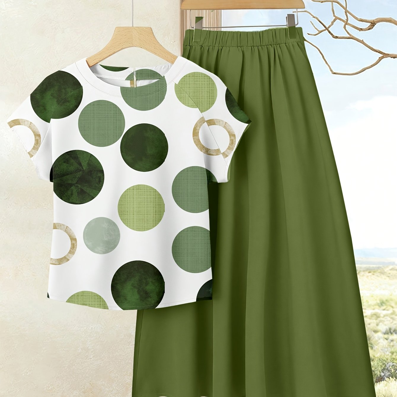 TEMU Women's Printed Solid Color Top And Skirt Set