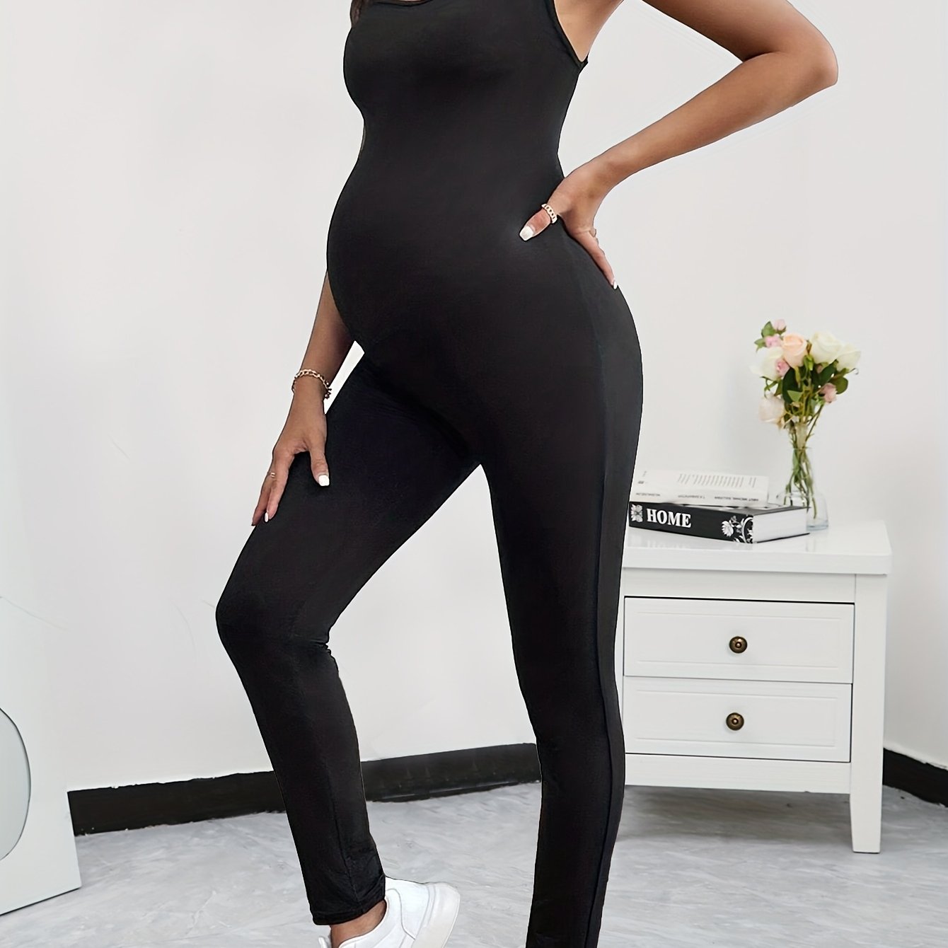 Women's Maternity Sleeveless Jumpsuit - , Stretchy & Comfortable, High-waisted Design, Machine Washable, Spring/summer/fall, Maternity Clothes