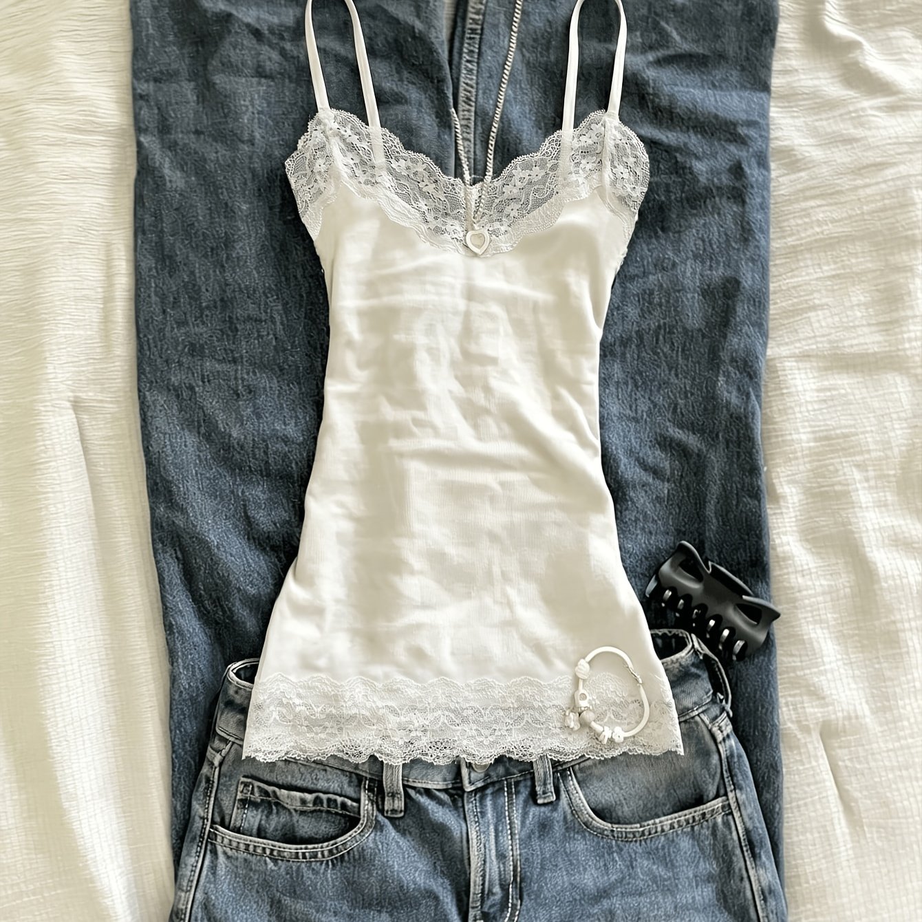 TEMU Women's Fashion Lace-trimmed Cami Top, Fitted Vest, Summer Y2k Streetwear Outfit