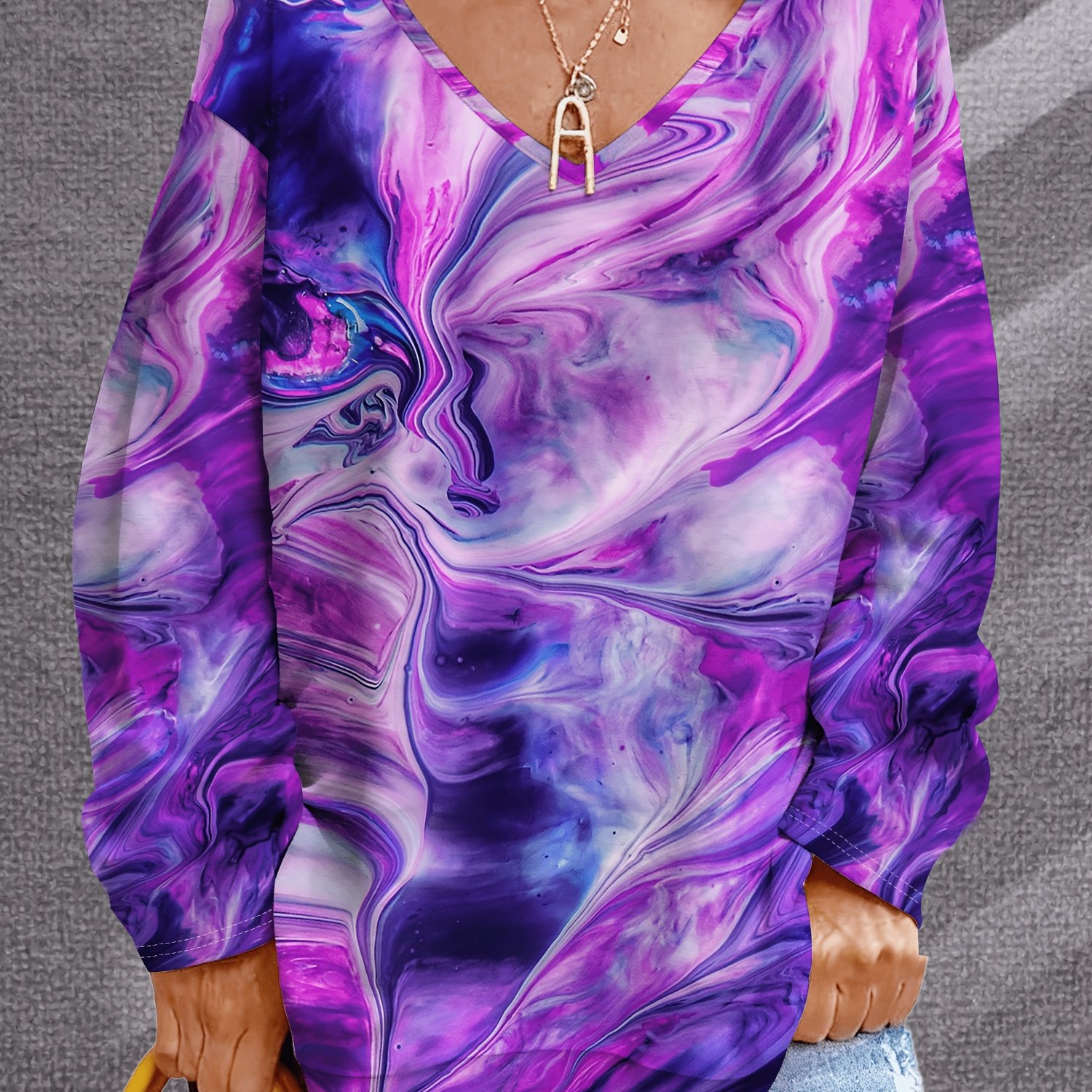 TEMU Plus Size, Purple Long Sleeve Plus Size Women's T-shirt V-neck Niche
