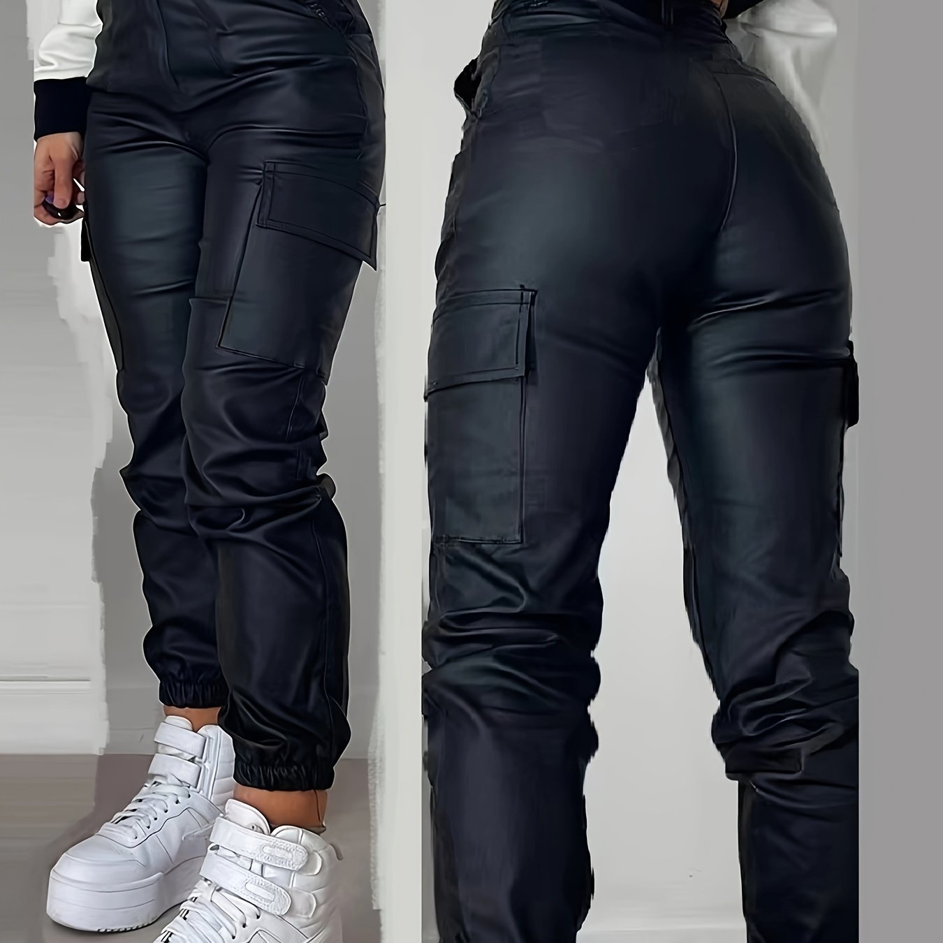 Image of Women's Elastic Vintage Versatile Casual Fashion Elegant Mid-rise Machine Washable Durable Multifunctional Loose Multi-pocket Tapered Coated Cargo Jeans Street Trendy Style