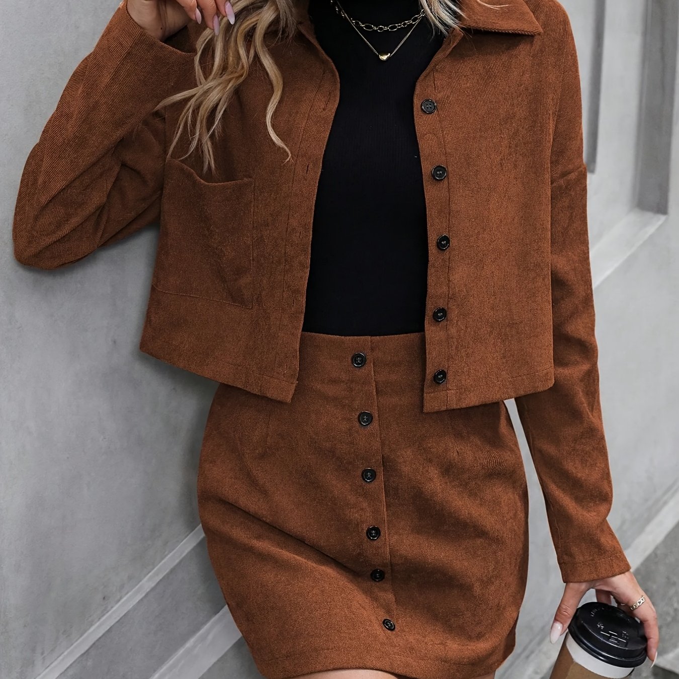 TEMU Women's 2pcs Set Brown Corduroy Casual Solid Button-up Suit, Autumn/spring Jacket And Skirt (light Gray)