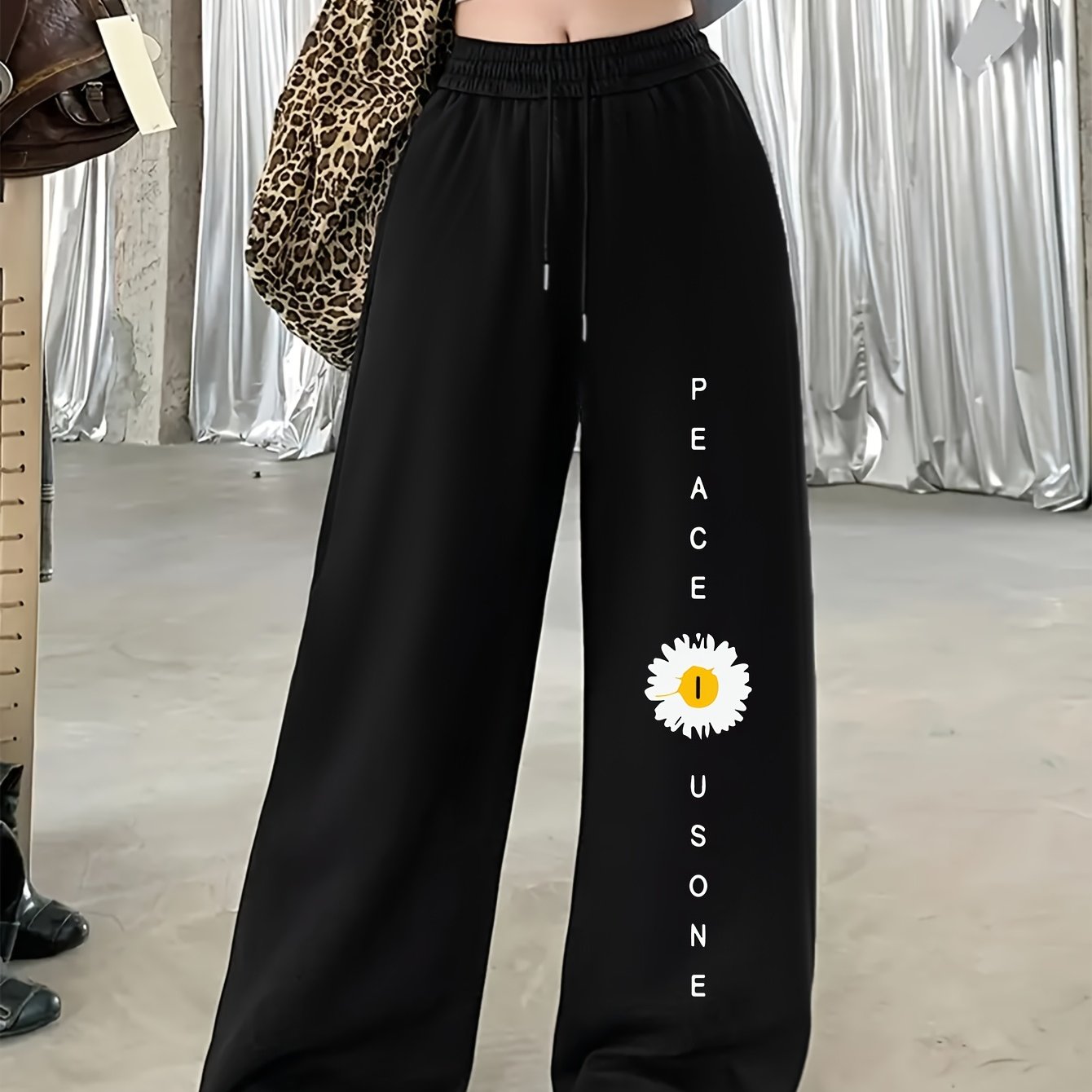 TEMU Loose Straight-leg Pants With Chrysanthemum Pattern And Letter Print, Casual Hip-hop Streetwear, Women's Wide-leg Trousers