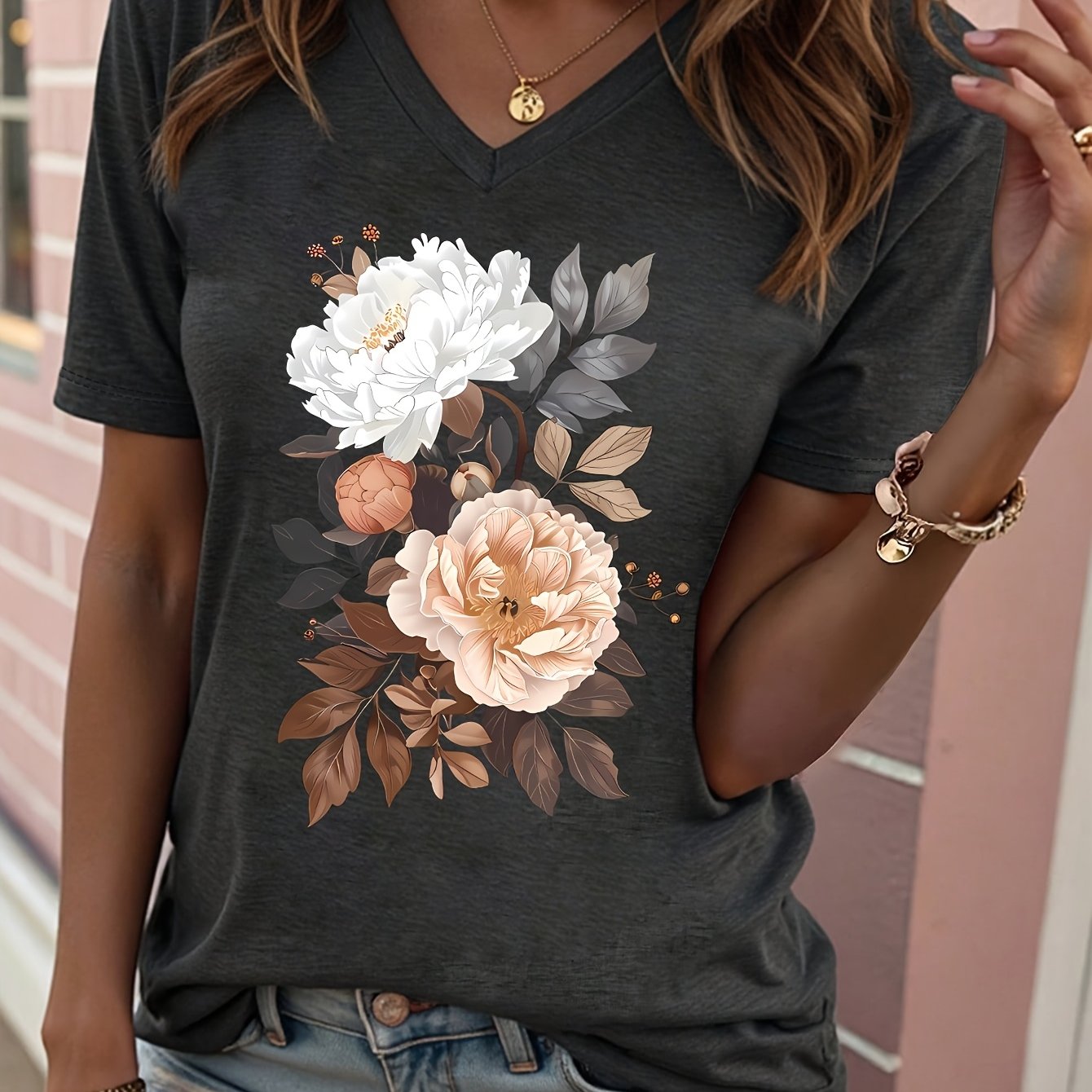 Image of Spring And Summer For 2026: Women's V-neck Floral Print Short-sleeve Casual T-shirt For Summer
