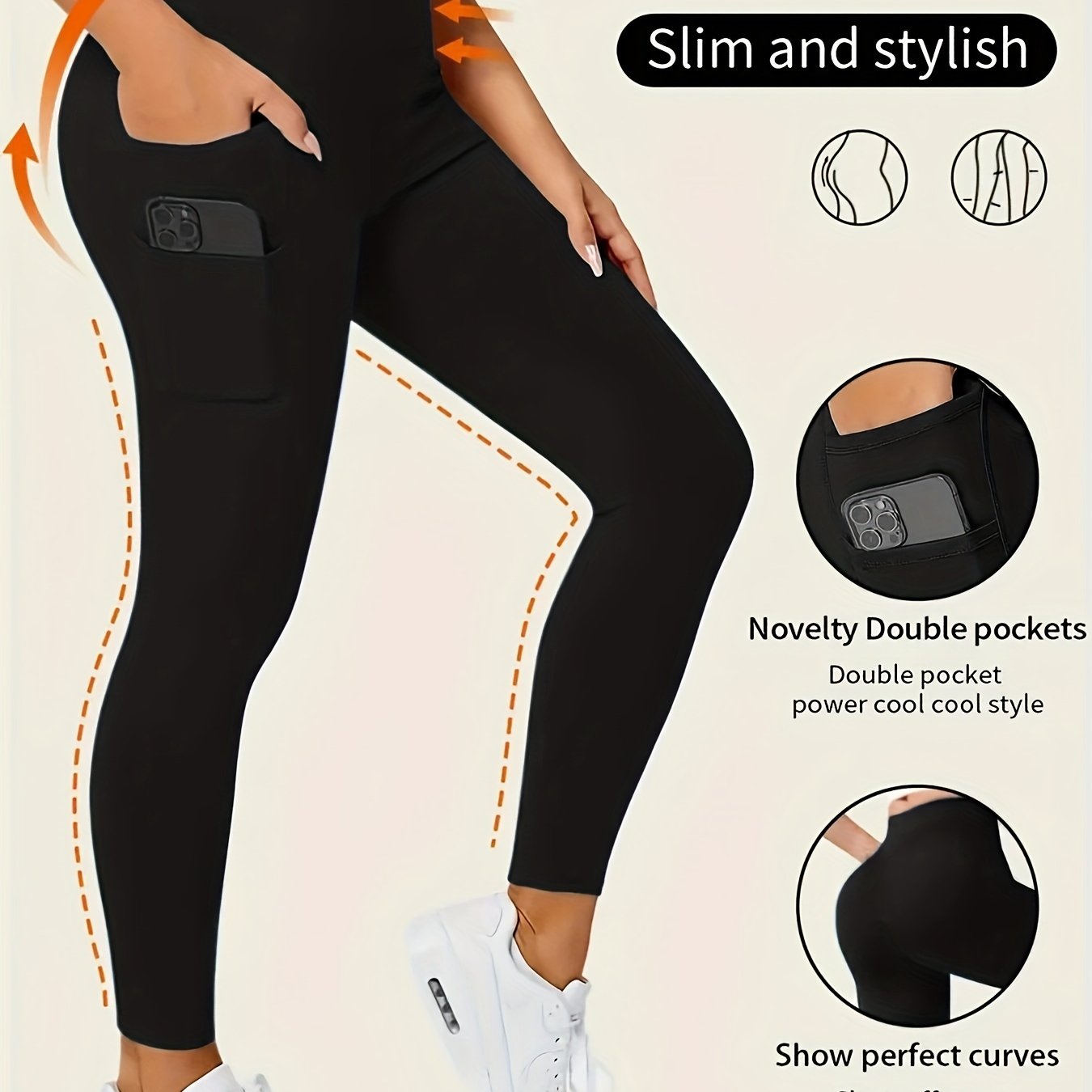 Women's High Stretch Pocket Leggings - Polyester And Elastane Blend, Solid Color, Knit Fabric, Style, Full Length Yoga Pants