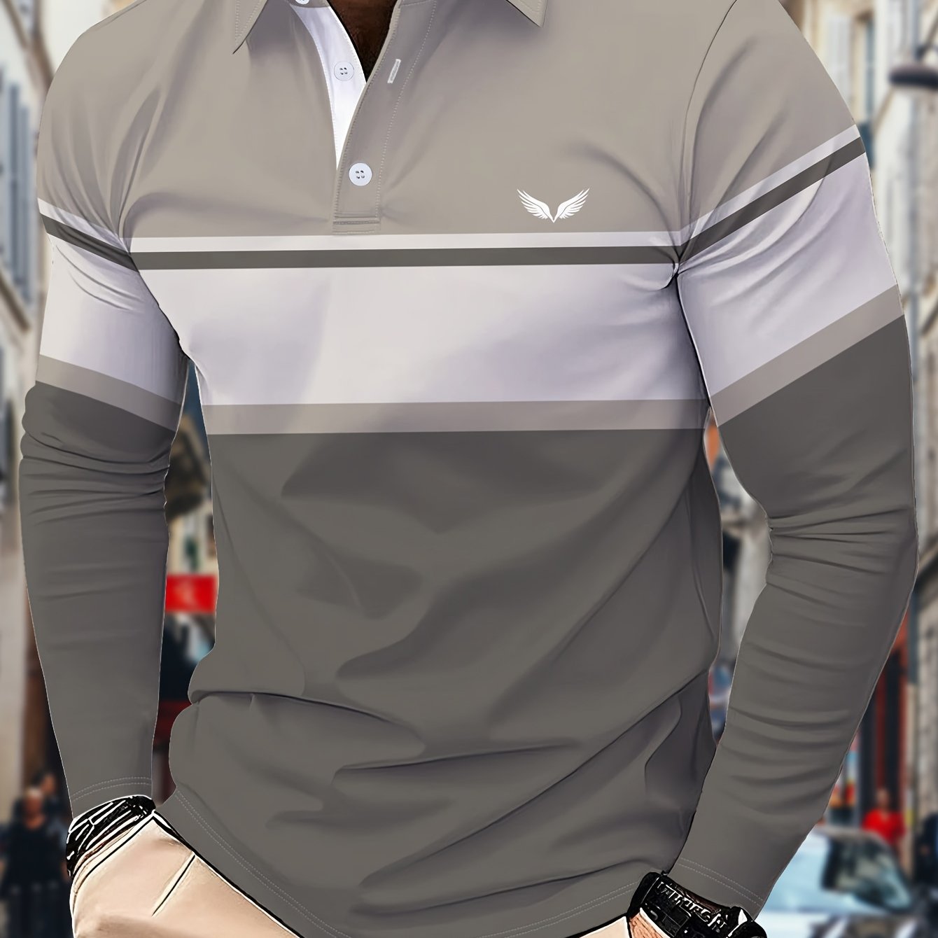 Image of Men's Long-sleeve Shirt With Contrast Color Block Theme, Lapel Collar, 3d , Daily Stripe Pattern, Suitable For All Adult Men And Teenage Boys