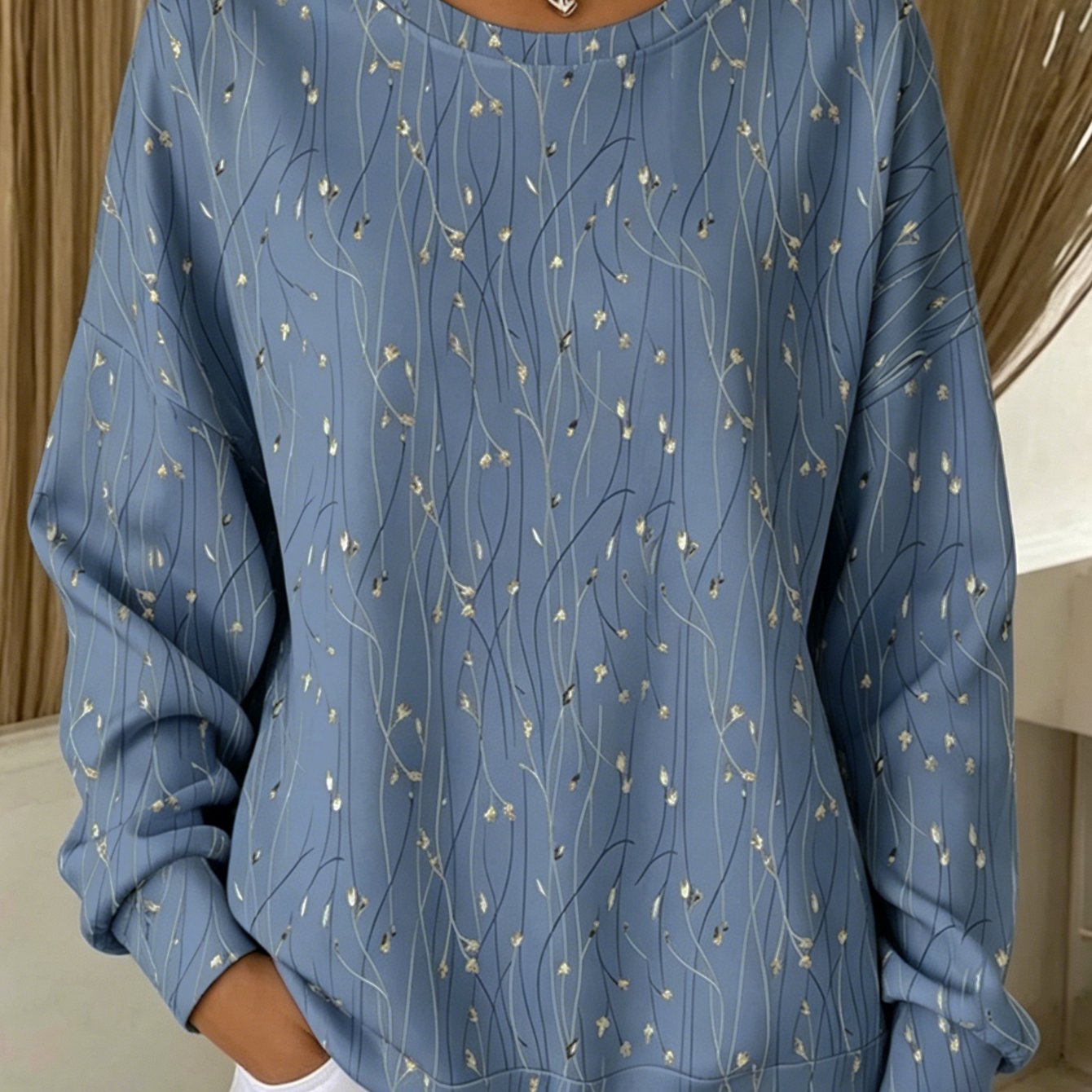 Image of Plus Size, Plus Size Women Long Sleeve Blue Thin Branch Tiny Golden Floral Crew Neck Sweatshirt, Light Golden Small Flower All Loose Drop Shoulder Crew Neck Sweatshirt, Soft Fresh Literary