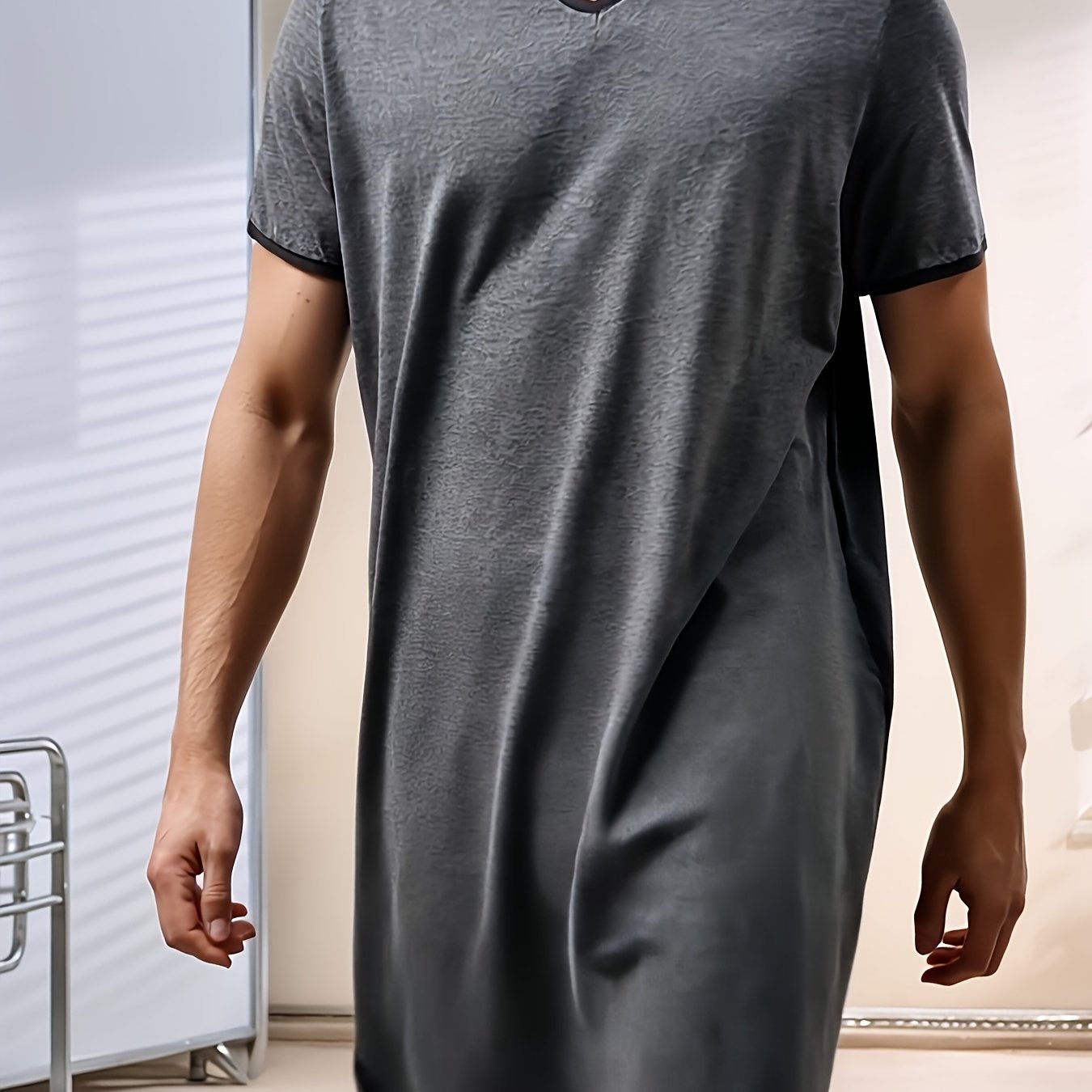 Image of Men's Summer Stylish Casual Nightgown, Made Of Material, Comfortable Short-sleeve Nightdress