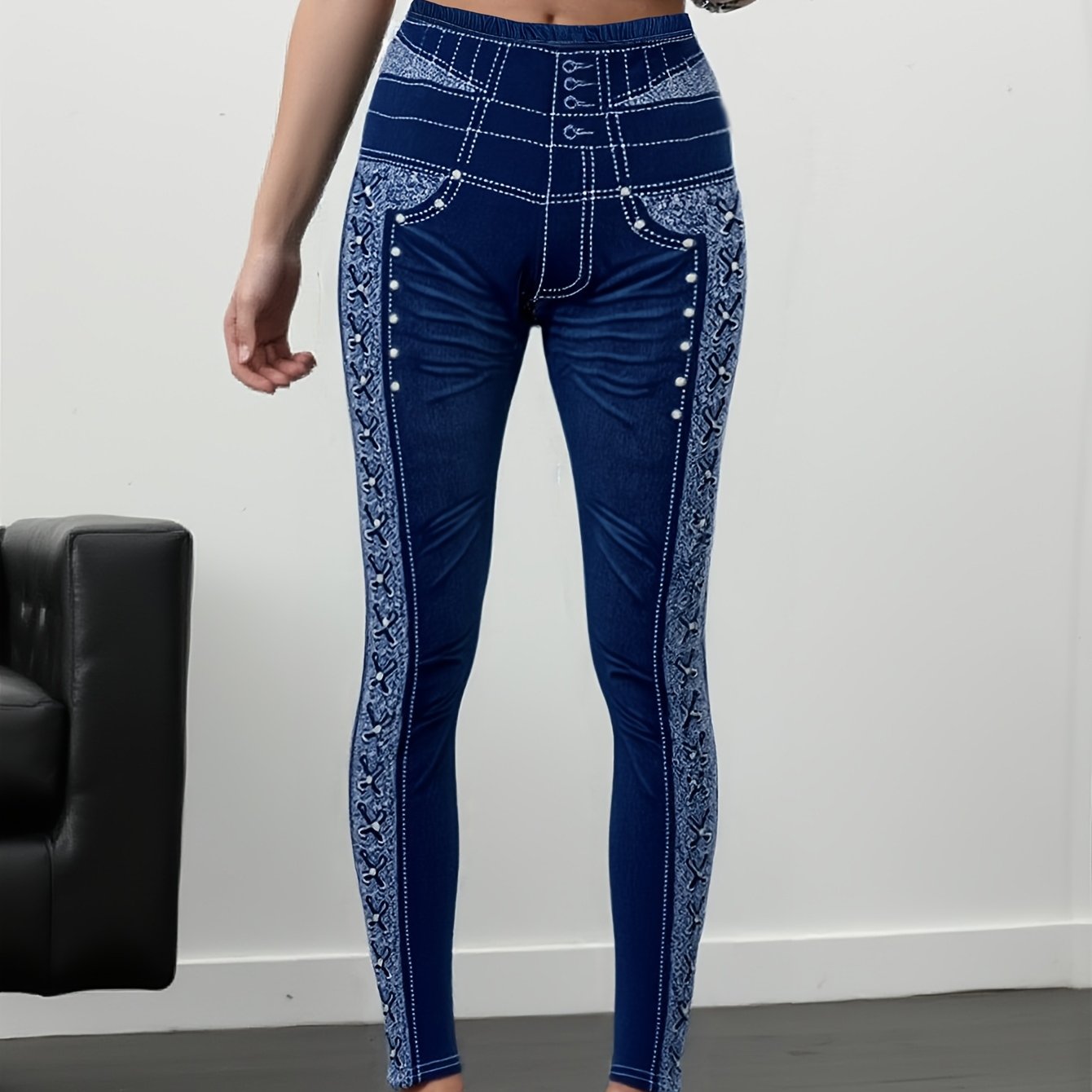 TEMU Leggings para mujer con estampado de de mezclilla y cintura elástica para un ajuste entallado