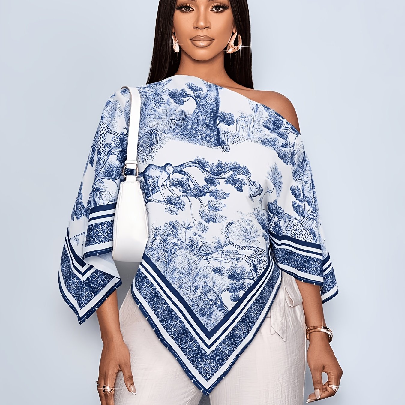 TEMU Top estivo da donna elegante con spalle scoperte, camicia boh矇mien asimmetrica, abbigliamento da