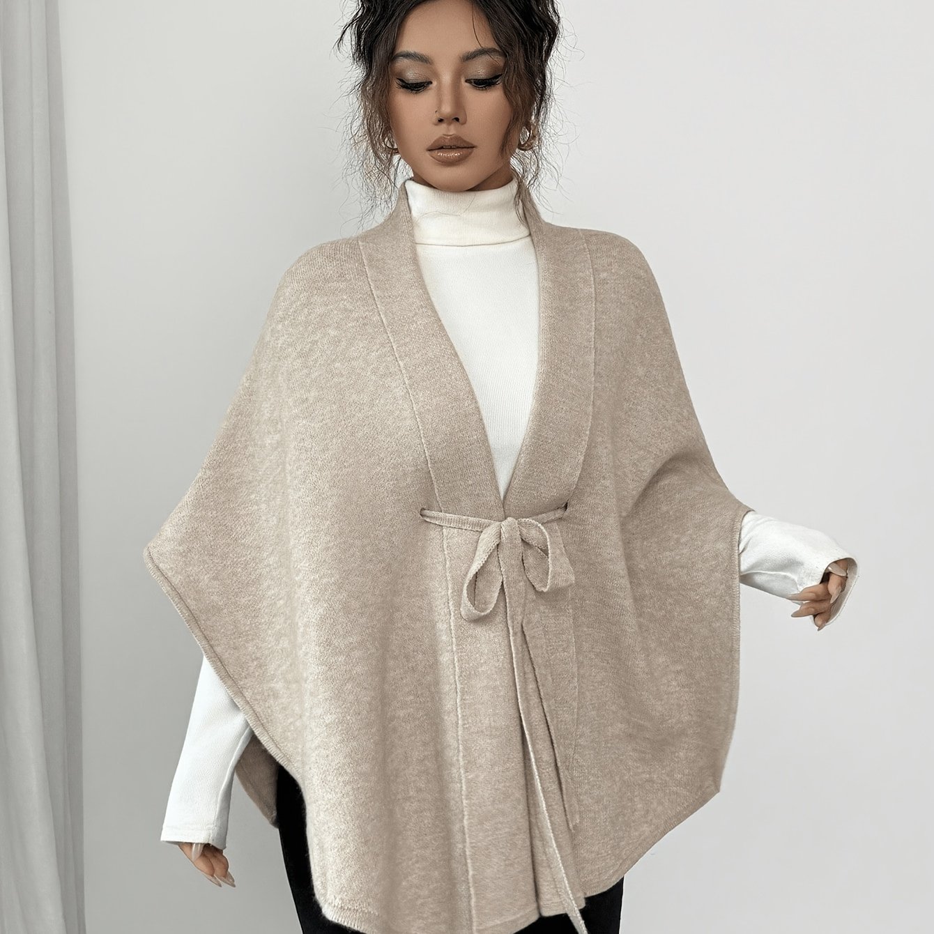 TEMU Autumn Winter New Lace-up Cloak, Loose Shawl Style Cardigan, Temperament Outerwear Top Asd1